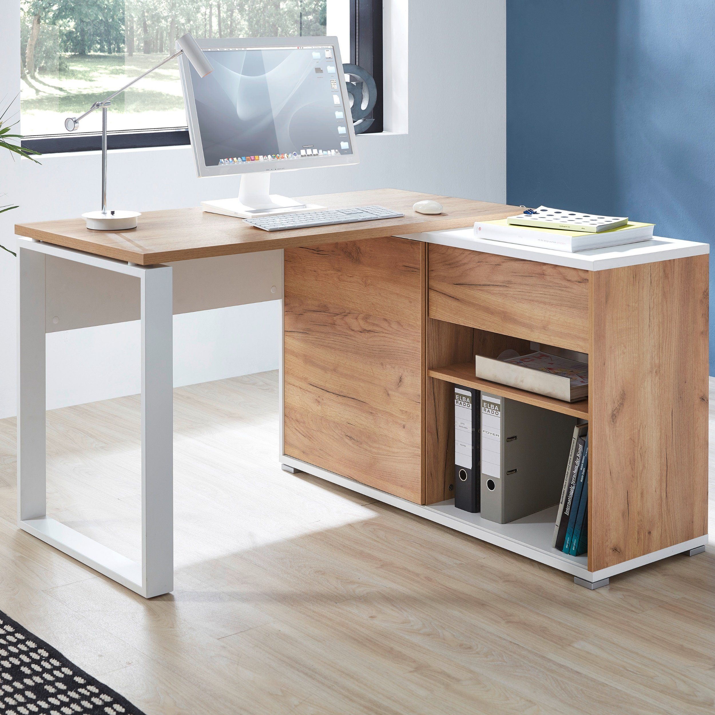 Sideboard Schublade in Schreibtisch Homy, Weiß-Eiche, bümö 1 & mit 4 Regalfächer