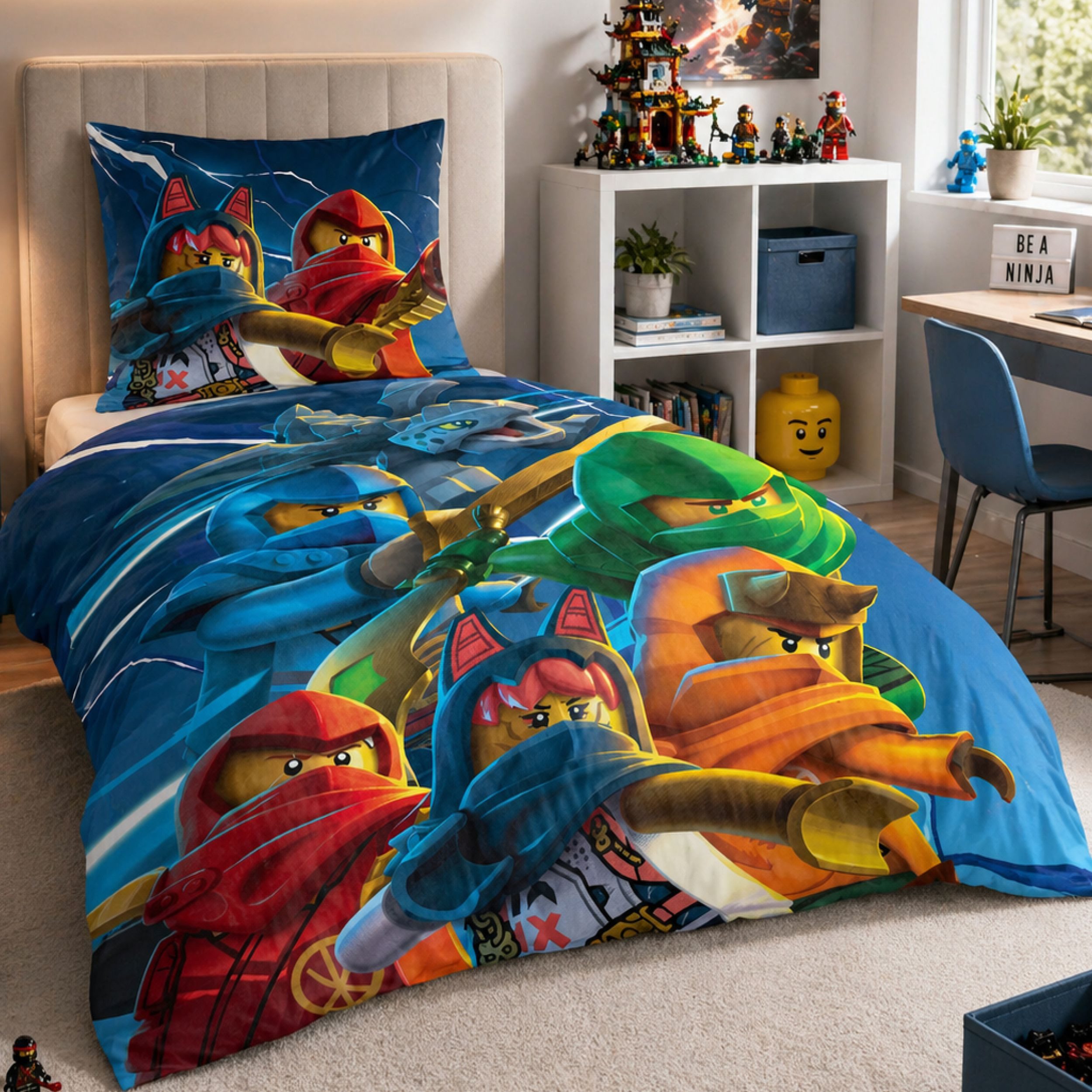 Familando Kinderbettwäsche Lego Ninjago Blau mit Lloyd Jay Kai uvm. aus 100% Baumwolle, Renforcé, 2 teilig, 135x200 80x80cm mit Reißverschluss, Wendebettwäsche