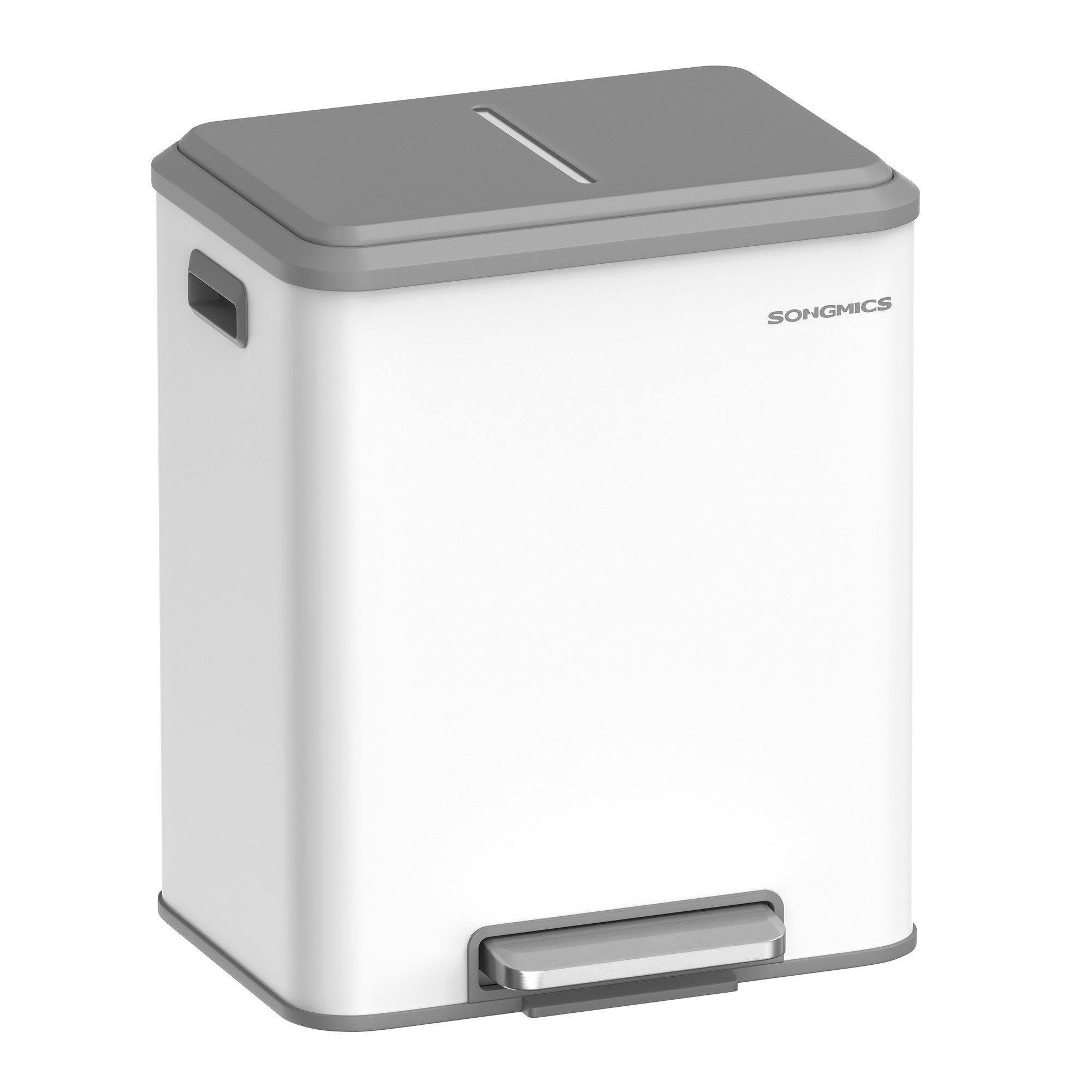 SONGMICS Mülleimer Abfalleimer, Inneneimer, Stahl, Softclose-Deckel, 30L, Küche, Mülltrennsystem 2 x 15 L, 2 Fächer für Recycling und Restmüll