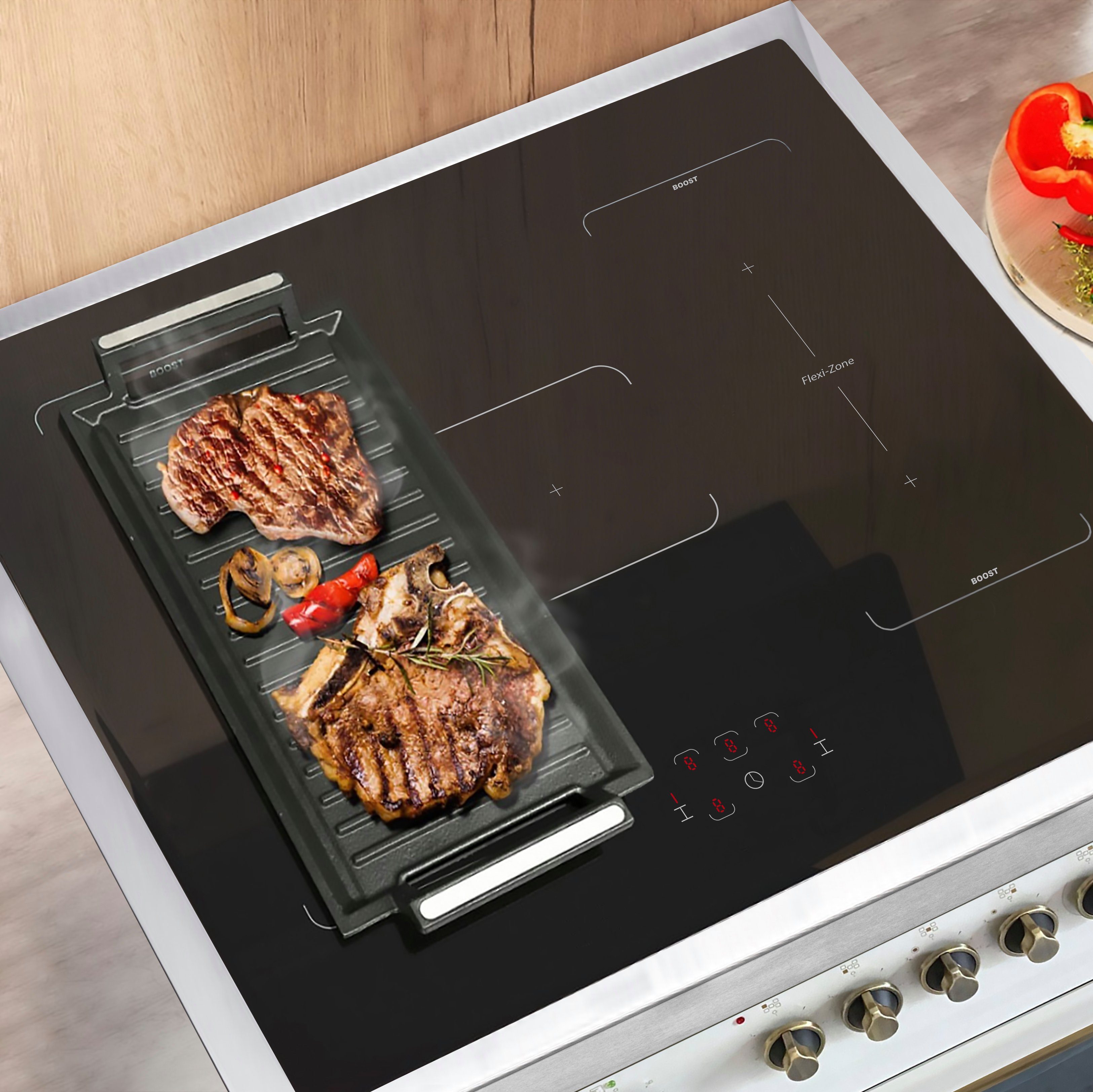 GURARI Induktions-Standherd Retro Range Cooker 90 cm, FLEX ZONEN, Booster, 5 Zonen, 121L E 913 RU CR.., mit 1-fach-Teleskopauszug