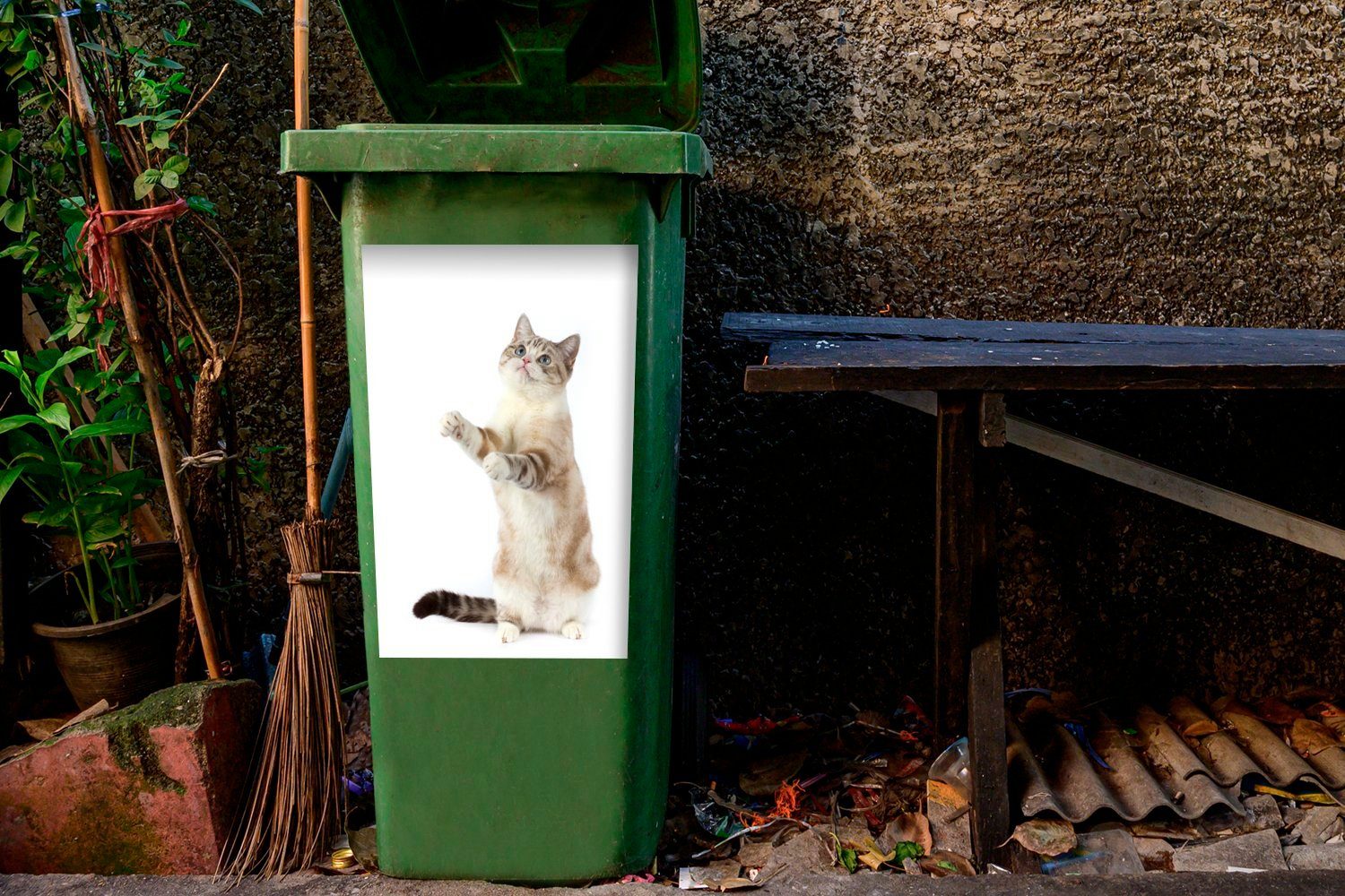 (1 Mülltonne, Hinterbeinen Abfalbehälter auf Katze stehend MuchoWow Wandsticker Container, St), Sticker, Mülleimer-aufkleber, den