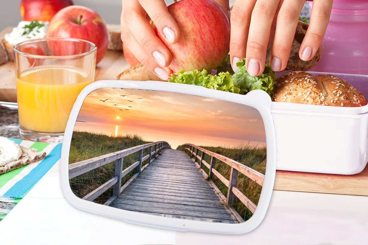 Erwachsene, Weg für - und Brotdose, Mädchen Brotbox für - Kinder Düne Lunchbox - Kunststoff, Gras MuchoWow - - Jungs Vögel, Sonnenuntergang (2-tlg), weiß und Meer