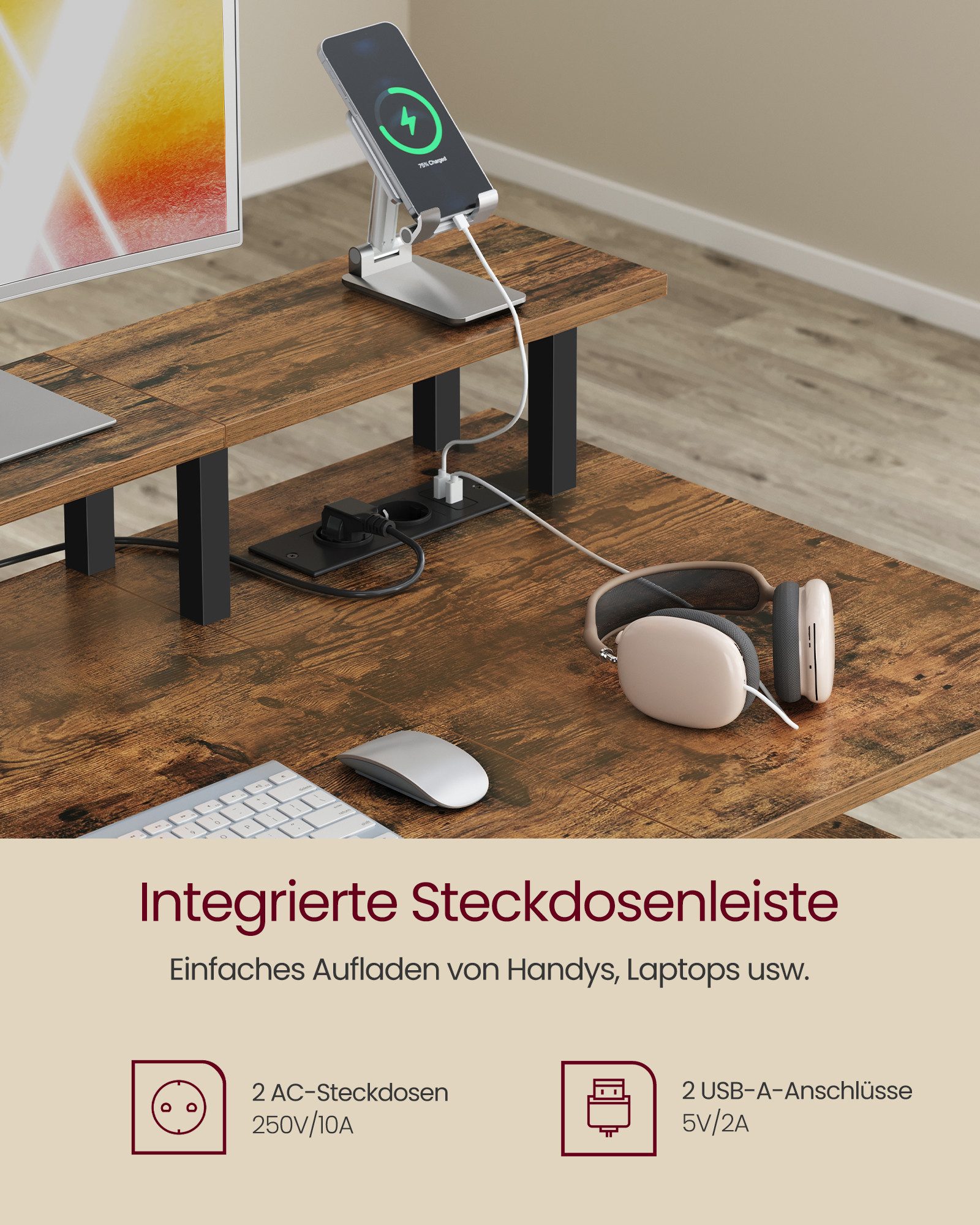 VASAGLE Schreibtisch mit Stoff-Schubladen, Computertisch mit Monitorständer, für Homeoffice, Bürotisch, 2 AC-Steckdosen, 2 USB-A-Anschlüsse, 120 x 60 cm