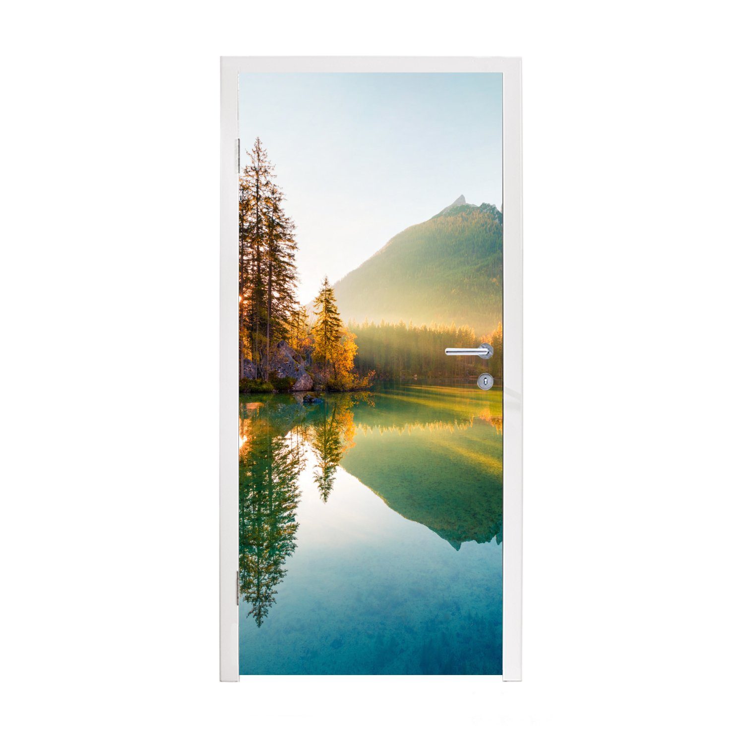 MuchoWow Türtapete See - Wald - Berge - Natur - Sonne - Landschaft, Matt, bedruckt, (1 St), Selbstklebende Tapete, Folie für Möbel, 75x205 cm