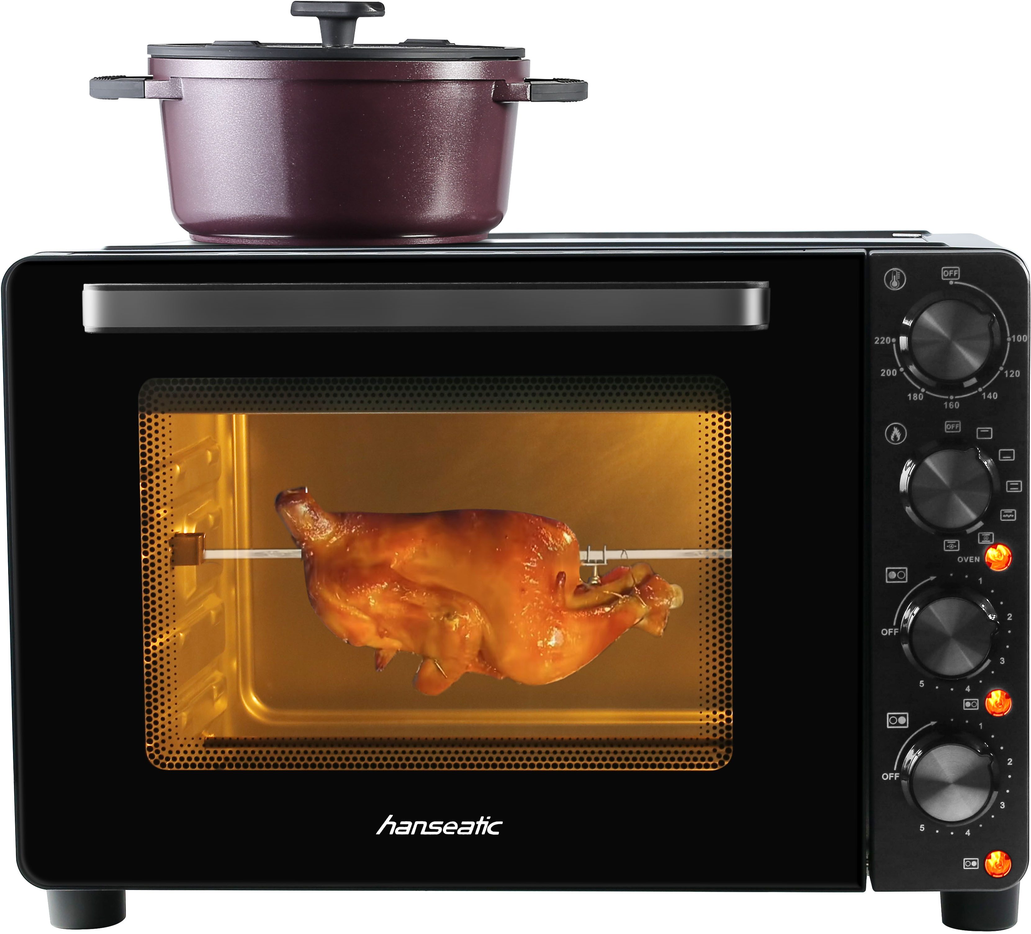 Hanseatic Multiofen HMO287BKB mit 2 Glaskeramik-Kochfeldern, Ober/Unterhitze/Umluft; 28L Garraum, Grillspieß