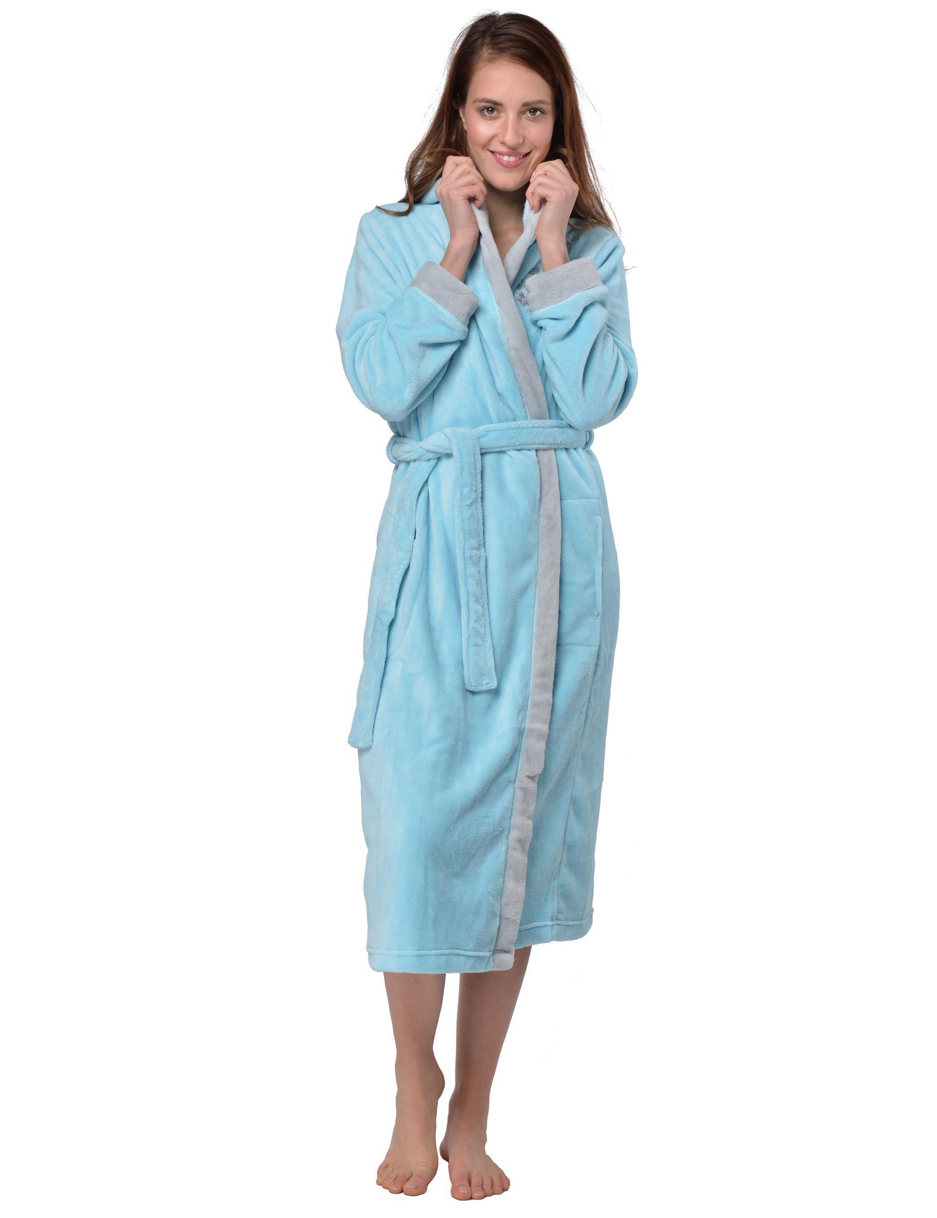RAIKOU Damenbademantel Damen Bademantel mit Kapuze Coral-Fleece Flausch Relax Kuschel, Kapuze, Gürtel, atmungsaktiv leicht