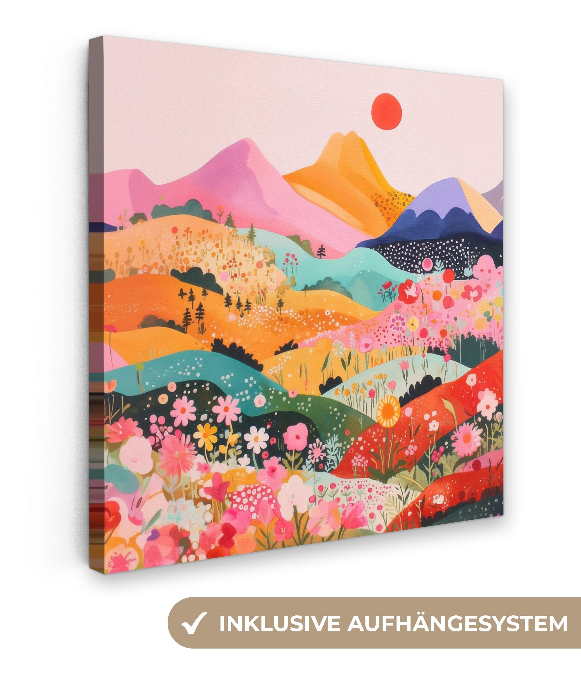 OneMillionCanvasses® Leinwandbild Bunte Blumen - Berge - Fantasielandschaft günstig online kaufen