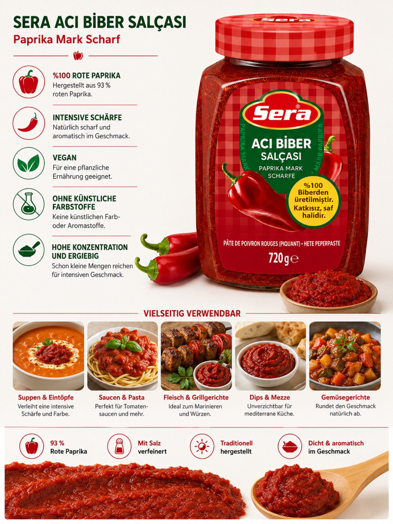 SERA FOOD Saucen Sera %93 Rote Paprika, Paprikamark im Glas, 720 g, 93 % rote Paprika, traditionelle Rezeptur, intensiv im Geschmack – Bild 3 von 3