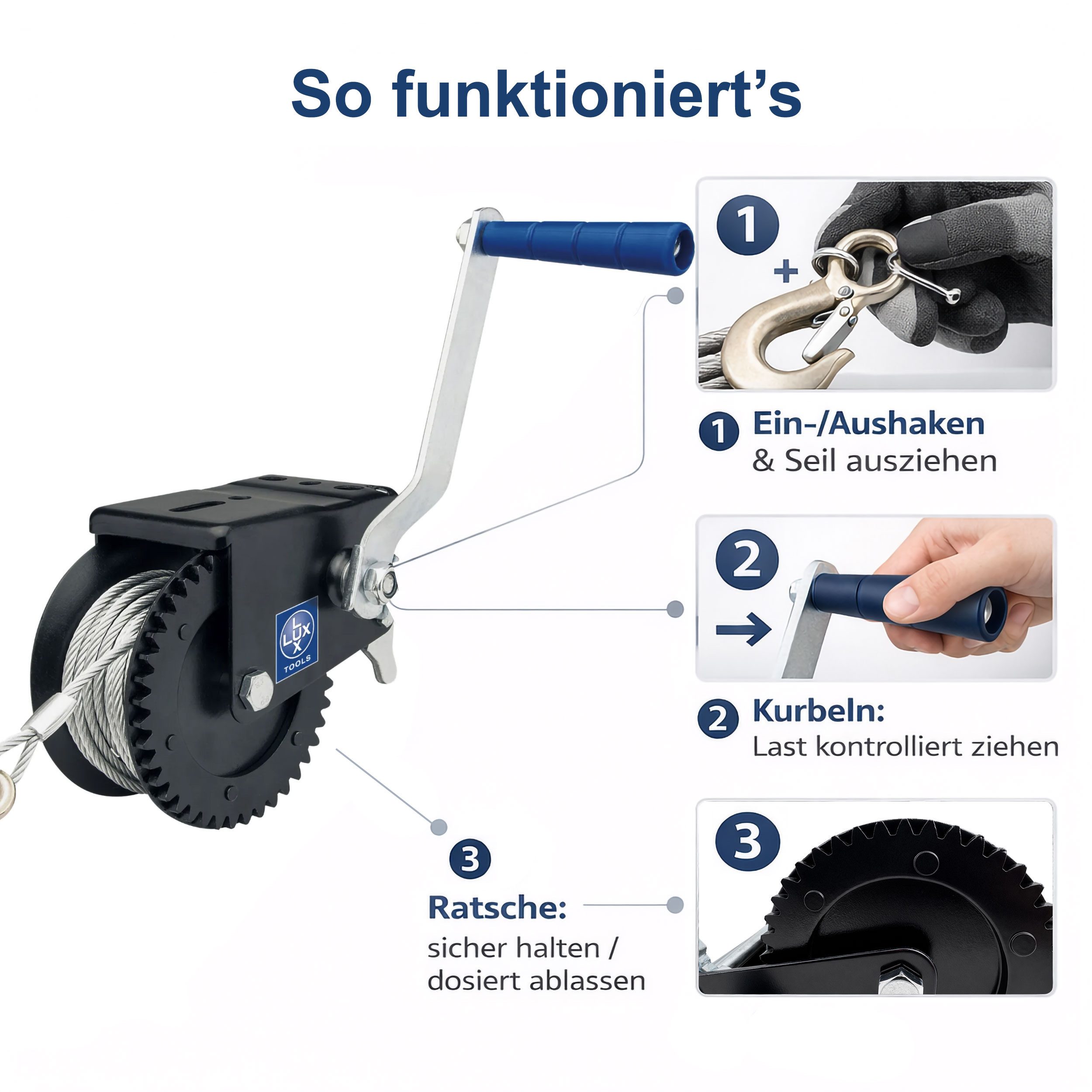 LUX-TOOLS Seilwinde LUX Handseilwinde SW-720 (720 kg) Handwinde, mit 10 m Stahlseil & Sicherheitshaken, Ratschenmechanik, manuell