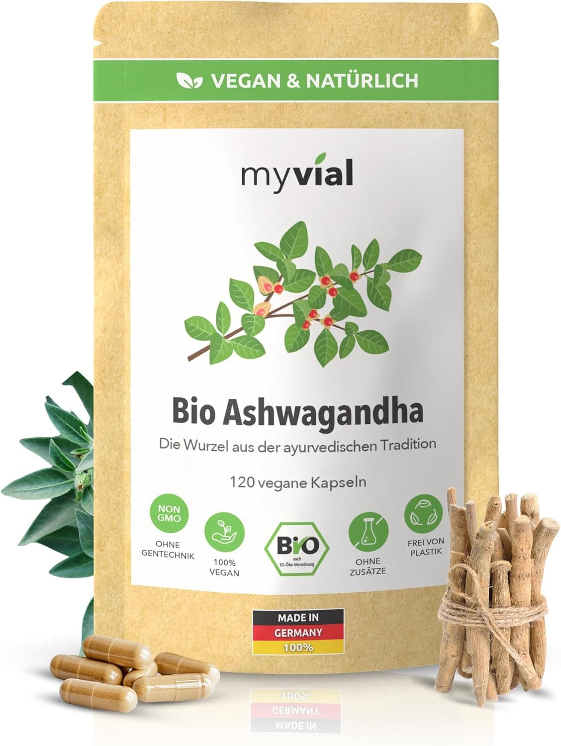 myvial Bio Ashwagandha Kapseln - 500 mg - indische Schlafbeere - hochdosierte Kapseln, vegane Kapseln, Bio Ashwagandha Pulver à 120 St., plastikfrei verpackt, 40 Tage Vorrat, höchste Qualität