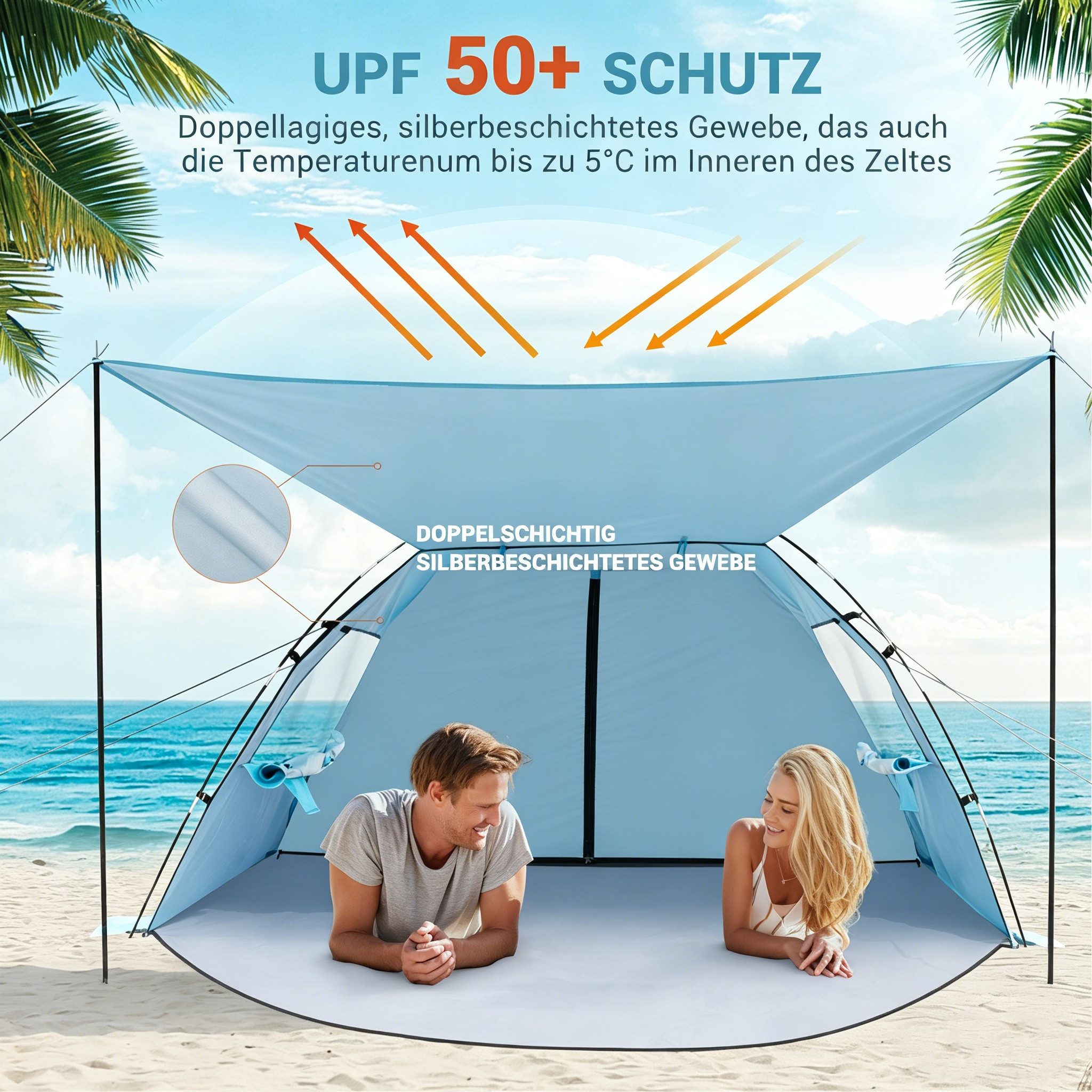 Elegear Strandmuschel mit Sonnendach für 4-5 Personen, Pop Up Strandzelt (UV Schutz UPF 50), Personen: 4 (1 tlg), Strandmuschel Tragbares mit Sandsäcken, Erdspießen und Seilen