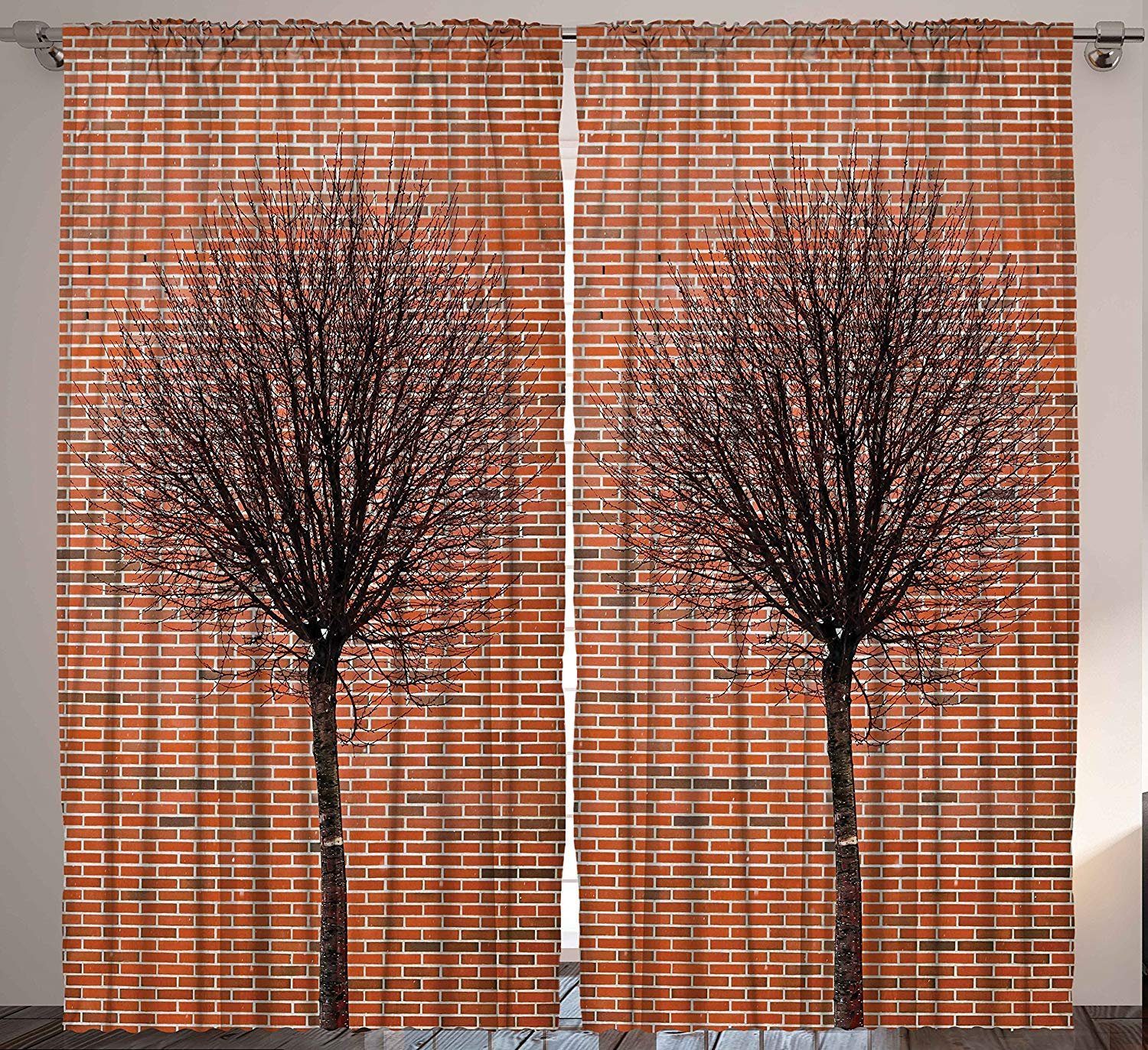 Gardine Schlafzimmer Kräuselband Vorhang mit Schlaufen und Haken, Abakuhaus, Modern Brick Wall Einsame Fall-Baum