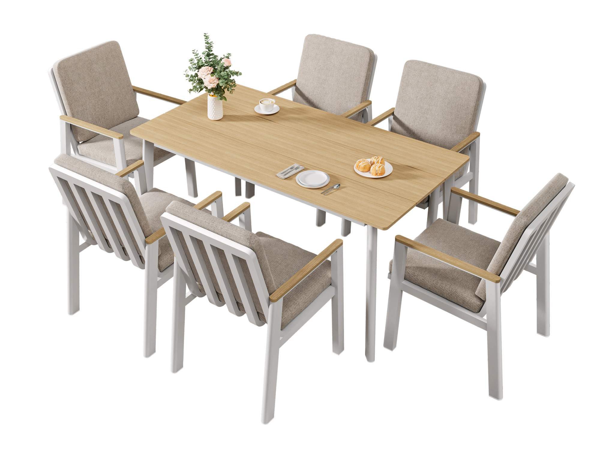 MeXo Gartenlounge-Set Garten Essgruppe für 6 Personen, (Gartenmöbel-Set aus Aluminium, 7-tlg., mit ergonomischen Sesseln inkl. Kissen), Belastbarkeit pro Sitzplatz 140 kg