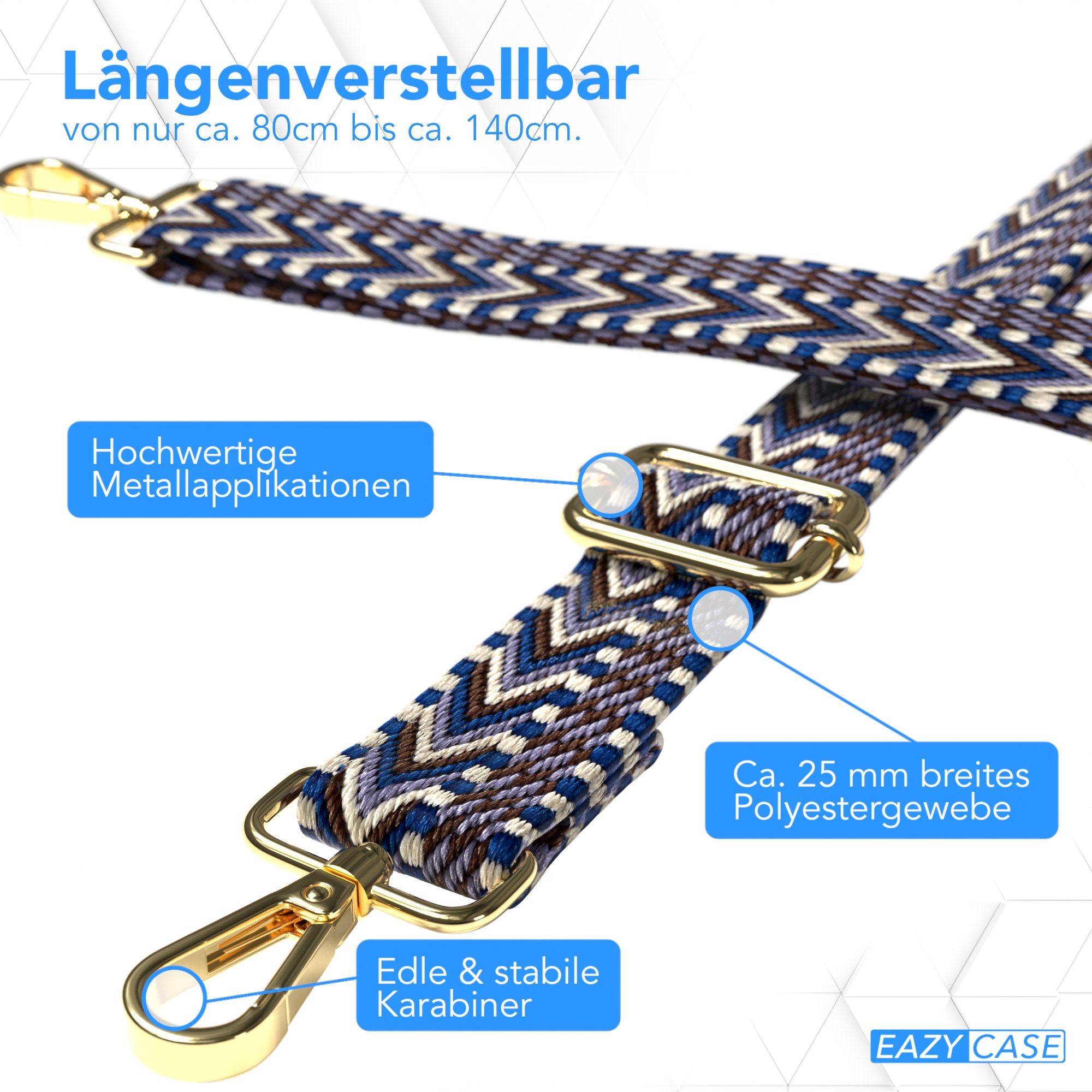 EAZY CASE Schulterriemen Ersatz Taschenriemen Boho Style Wechselband Taschenriemen Festivalbag verstellbar universal Blau Marin