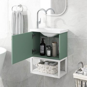 Welikera Spülenschrank Badezimmermöbel Waschbecken mit Waschtischunterschrank hängend,40 cm Weiß/Grün,Kleine Gästebad Möbel,Spülenschrank
