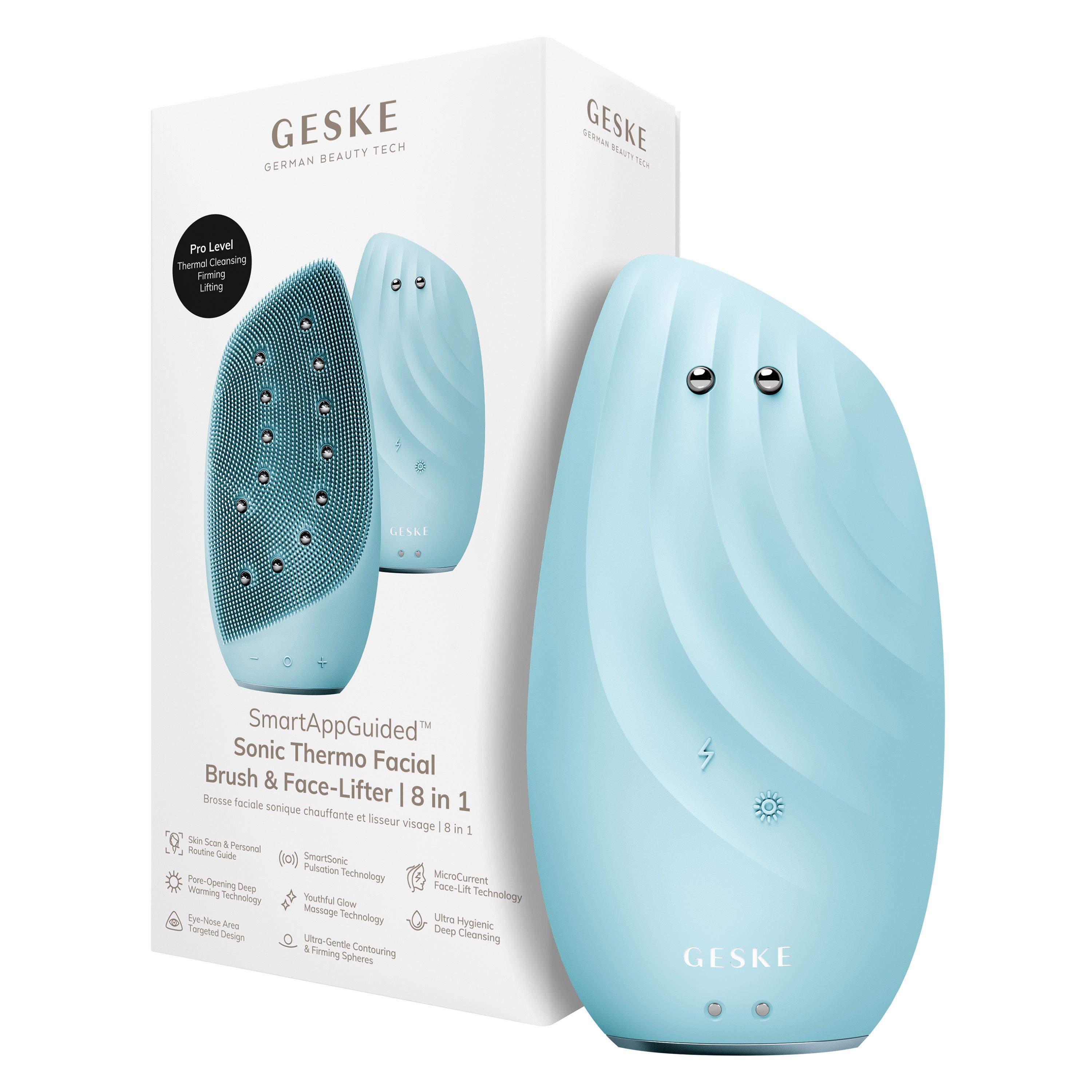 GESKE German Beauty Tech Elektrische Gesichtsreinigungsbürste SmartAppGuided™ Sonic Thermo Facial Brush & Face-Lifter 8 in 1, Packung (Gerät & USB-Ladekabel), 2-tlg., Gerät inkl. kostenloser APP (SmartAppGuided Device), Mit der GESKE App erhältst Du deine personalisierte Hautpflegeroutine.