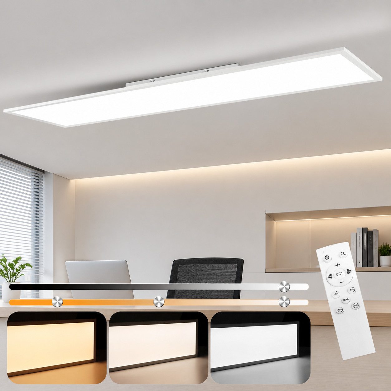 Nettlife LED Panel 100/120CM Deckenleuchte dimmbar Fernbedienung,40W schwarz/Weiß, warmweiß/neutralweiß/kaltweiß, LED fest integriert, Bürolampe Tageslichtlampe für Büro Küche Flur Werkstatt Wohnzimmer