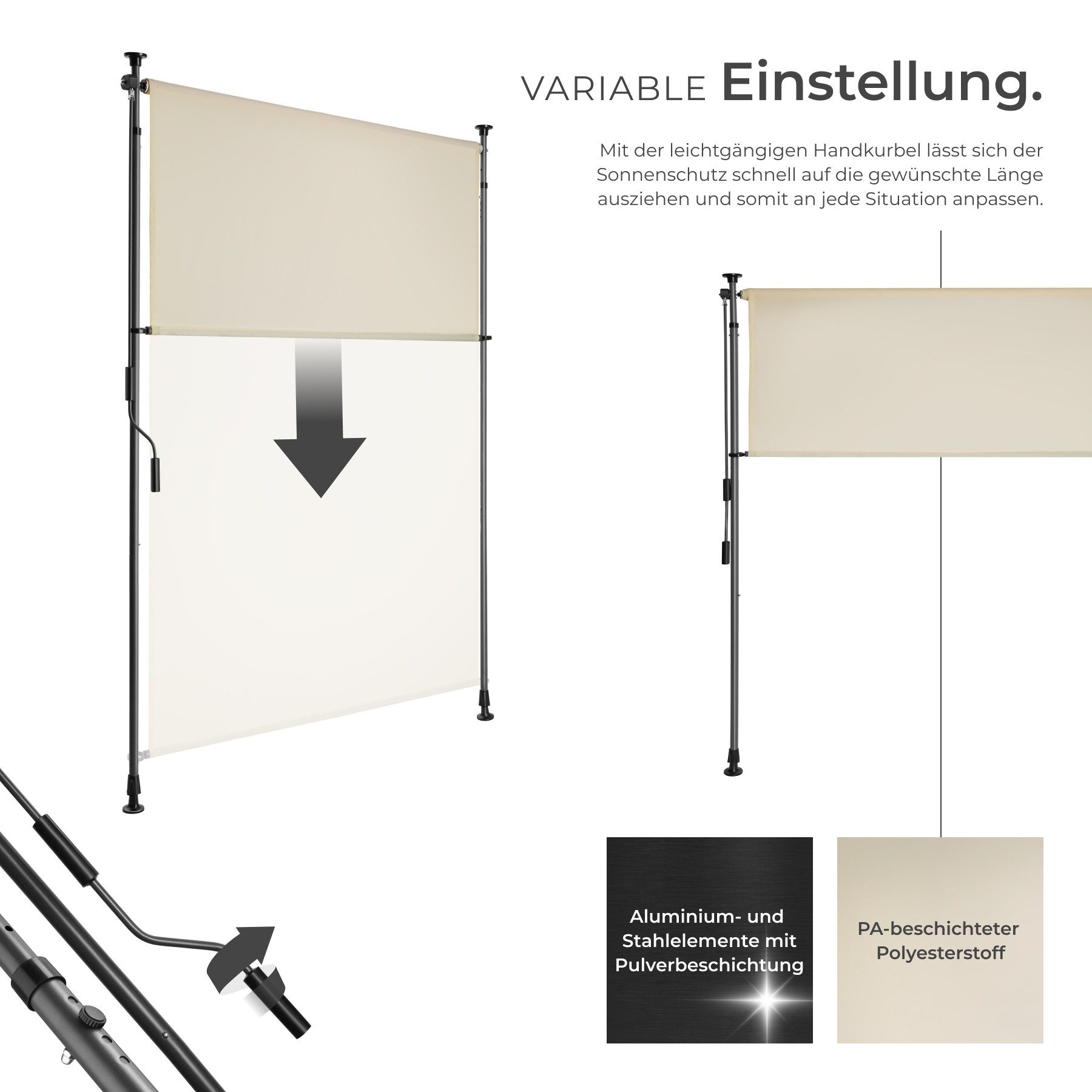 tectake Seitenarmmarkise Sichtschutz Garten, leichtgängige Handkurbel, höhenverstellbar (Klemmmarkise Taija, in beige) UV-beständig und wasserabweisend, rutschfest und bodenschonend