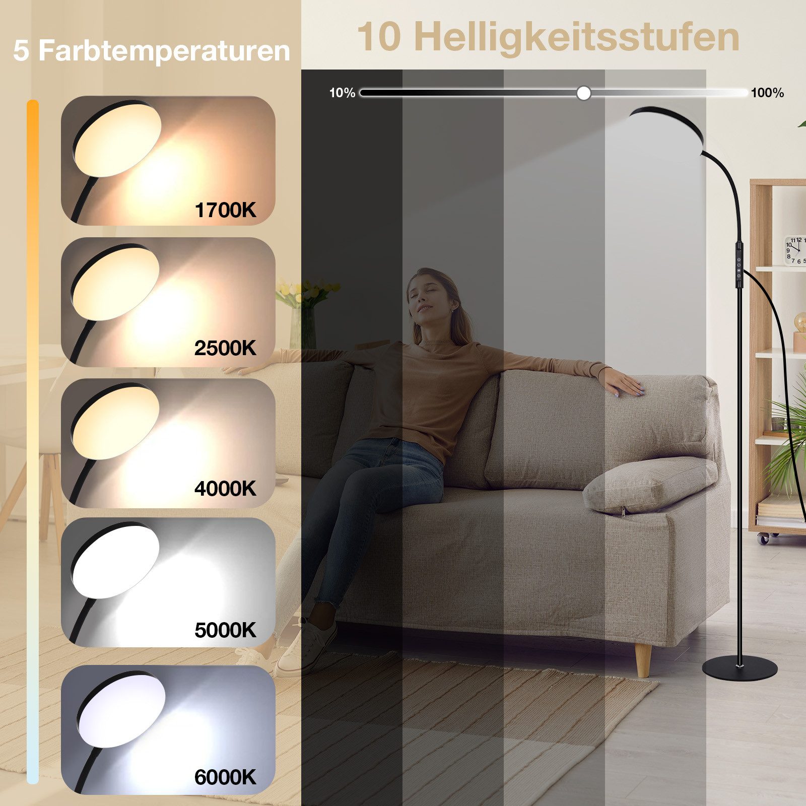 MUPOO LED Stehlampe LED Stehleuchte Weiß/Schwarz mit Schwanenhals,165cm, 10 günstig online kaufen