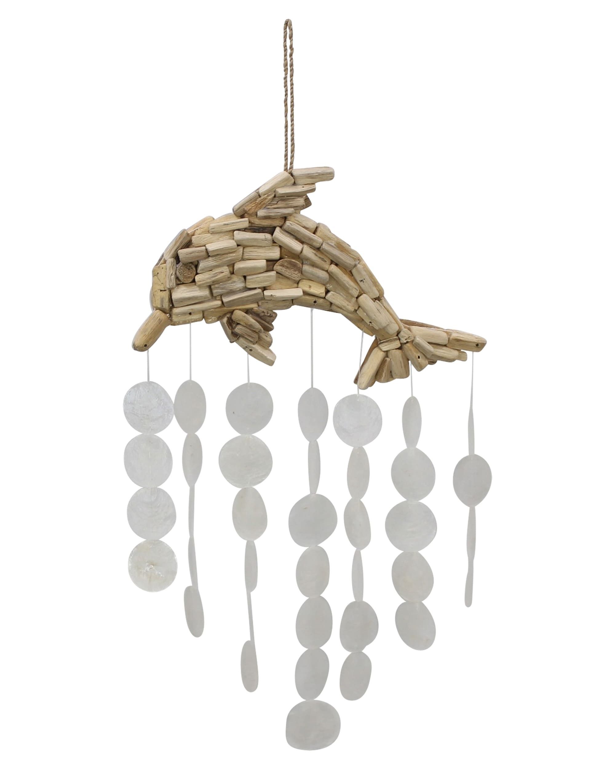 Dekoleidenschaft Windspiel "Delfin" Dekohänger aus Treibholz mit Capizmuscheln, Hängedeko 54 cm, hoch, handgefertigt, Windspiel hängend