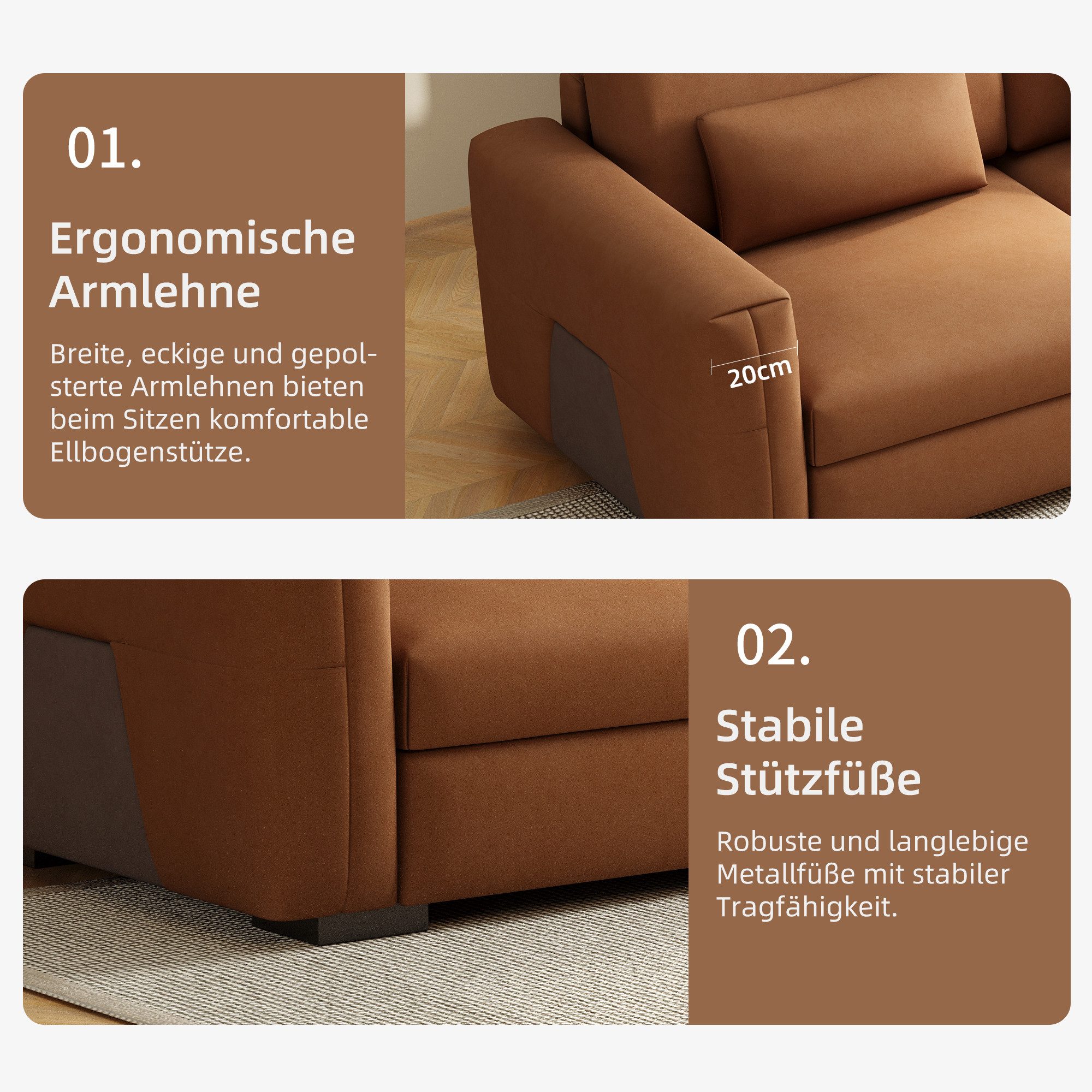 oleyluckidea Big-Sofa Lederoptik 3 Sitzer Sofa weich gepolstert mit Armlehnen modern
