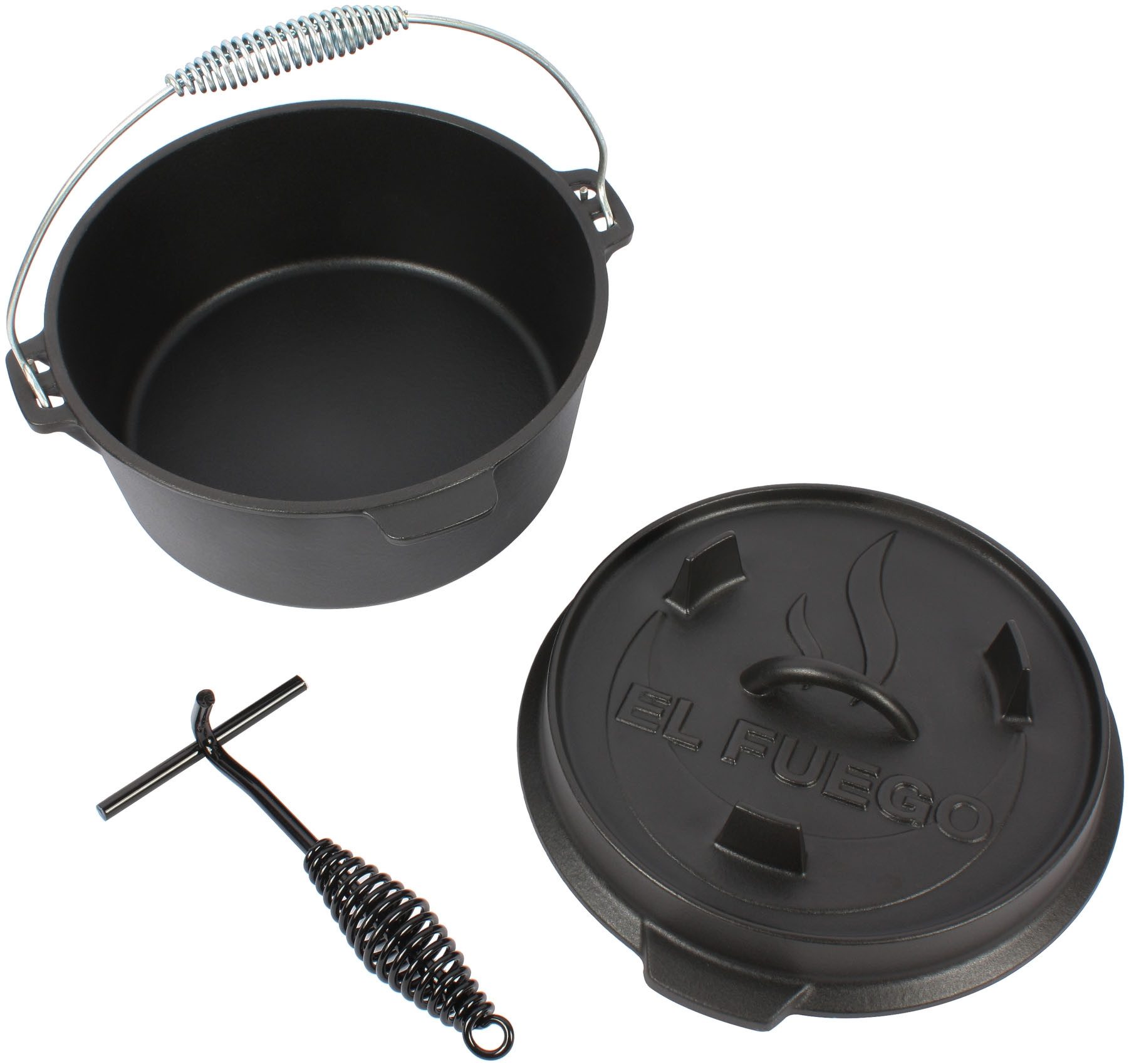 El Fuego Kasserolle El Fuego® Dutch Oven, Eisenguss (Set, 4-tlg), aus Gusseisen, mit spezieller Oberflächenveredelung, 5,6 l