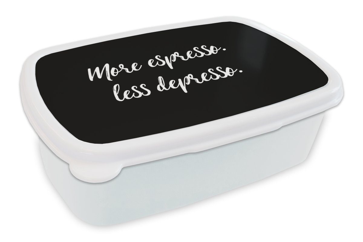 MuchoWow Lunchbox Zitate - Kaffee - Mehr Espresso weniger Depresso - Sprichwörter -, Kunststoff, (2-tlg), Brotbox für Kinder und Erwachsene, Brotdose, für Jungs und Mädchen weiß