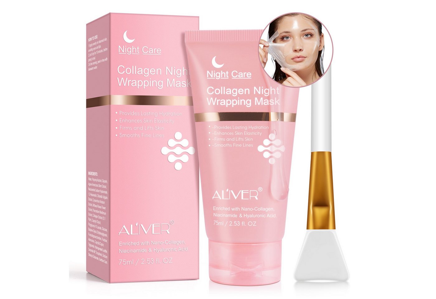 ALIVER Gesichtsmaske Collagen Maske Nachtmaske Gesichtsmaske Night Wrapping Mask mit Pinsel, 1-tlg., Spendet Feuchtigkeit, Anti Aging, Aliver, Nachtmaske