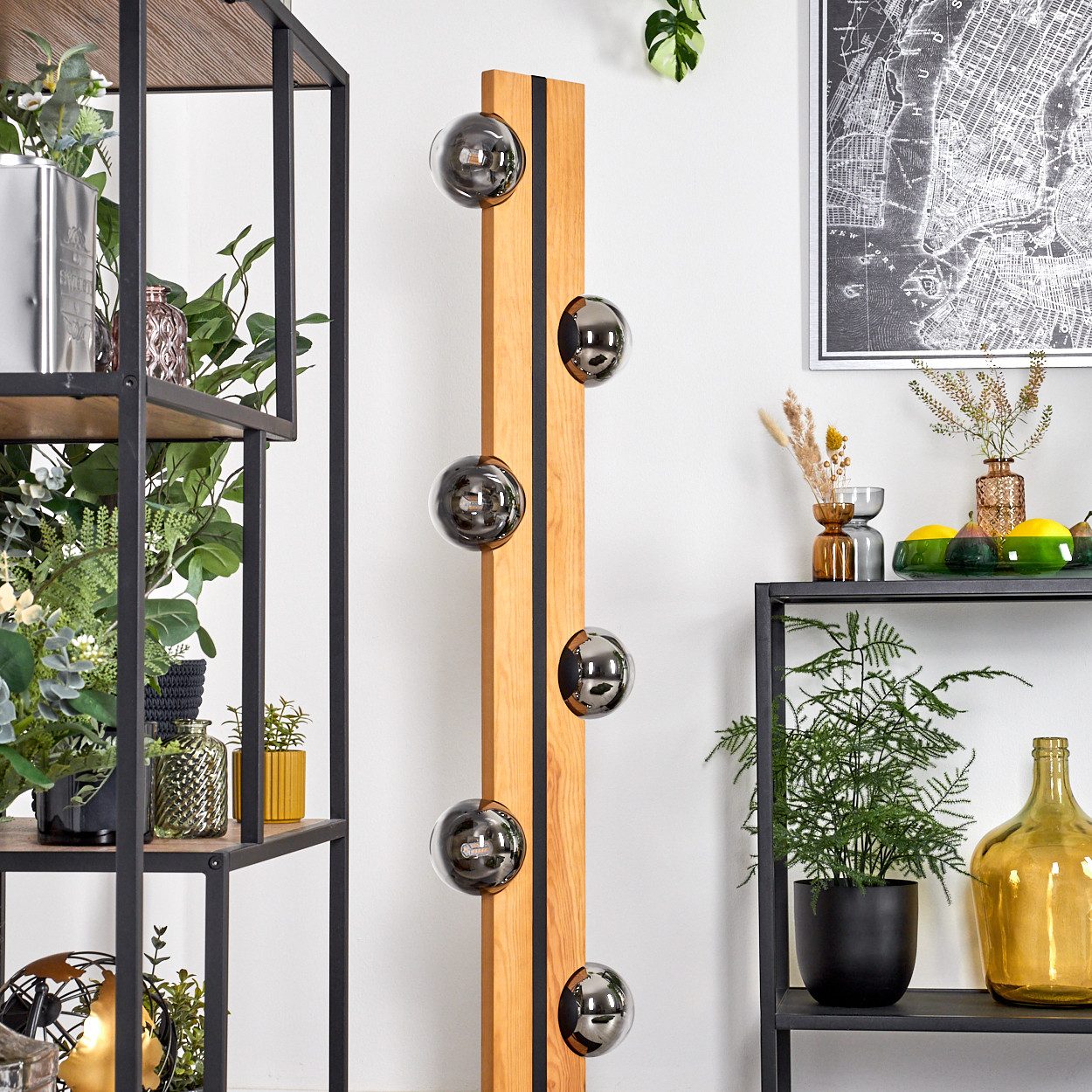 hofstein Stehlampe Stehlampe aus Holz/Metall/Glas in Natur/Schwarz/Chrom/Rauch/Klar, ohne Leuchtmittel, 120 cm, G9, Fußschalter - Wohnzimmer, Schlafzimmer, Esszimmer