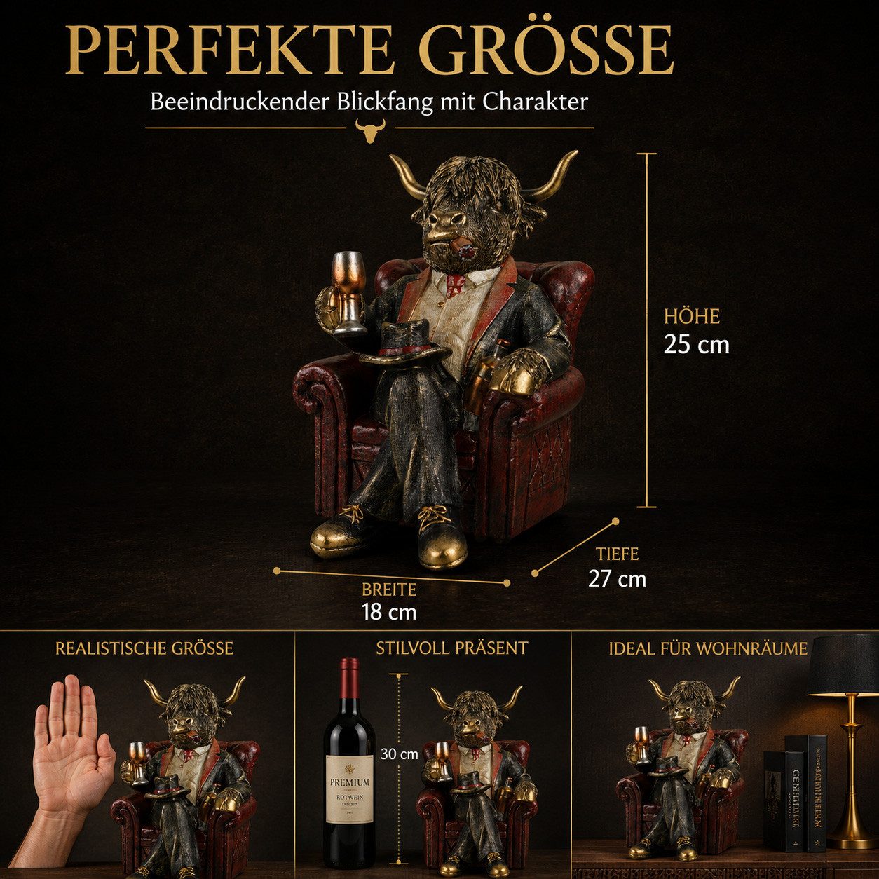 formano Dekofigur Hochlandrind Deko Tierfigur im Sessel mit Zigarre und Weinglas
