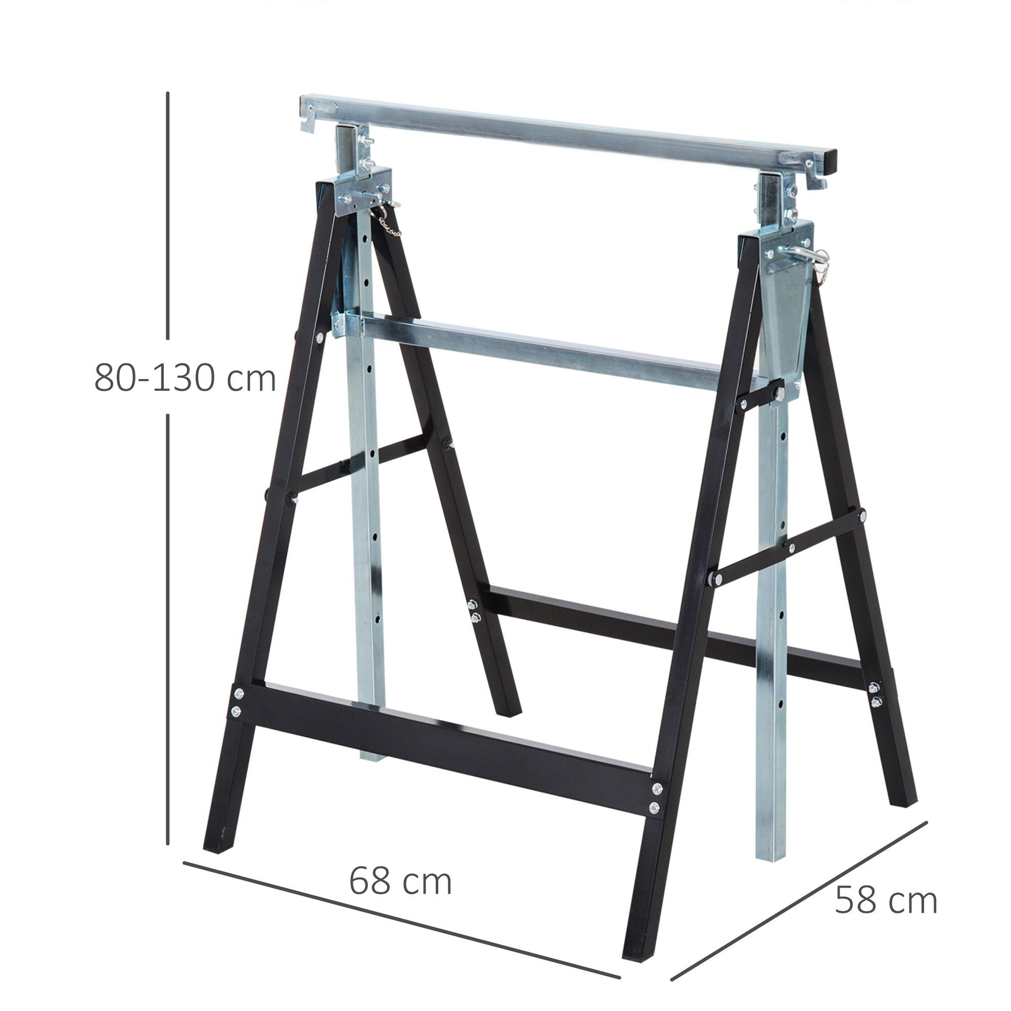 HOMCOM Sägebock 2er Set klappbar höhenverstellbar Gerüstbock Unterstellbock, 200 kg max. Belastbarkeit, (klappbar, 2-St., höhenverstellbar), 68 x 58 x 80-130 cm