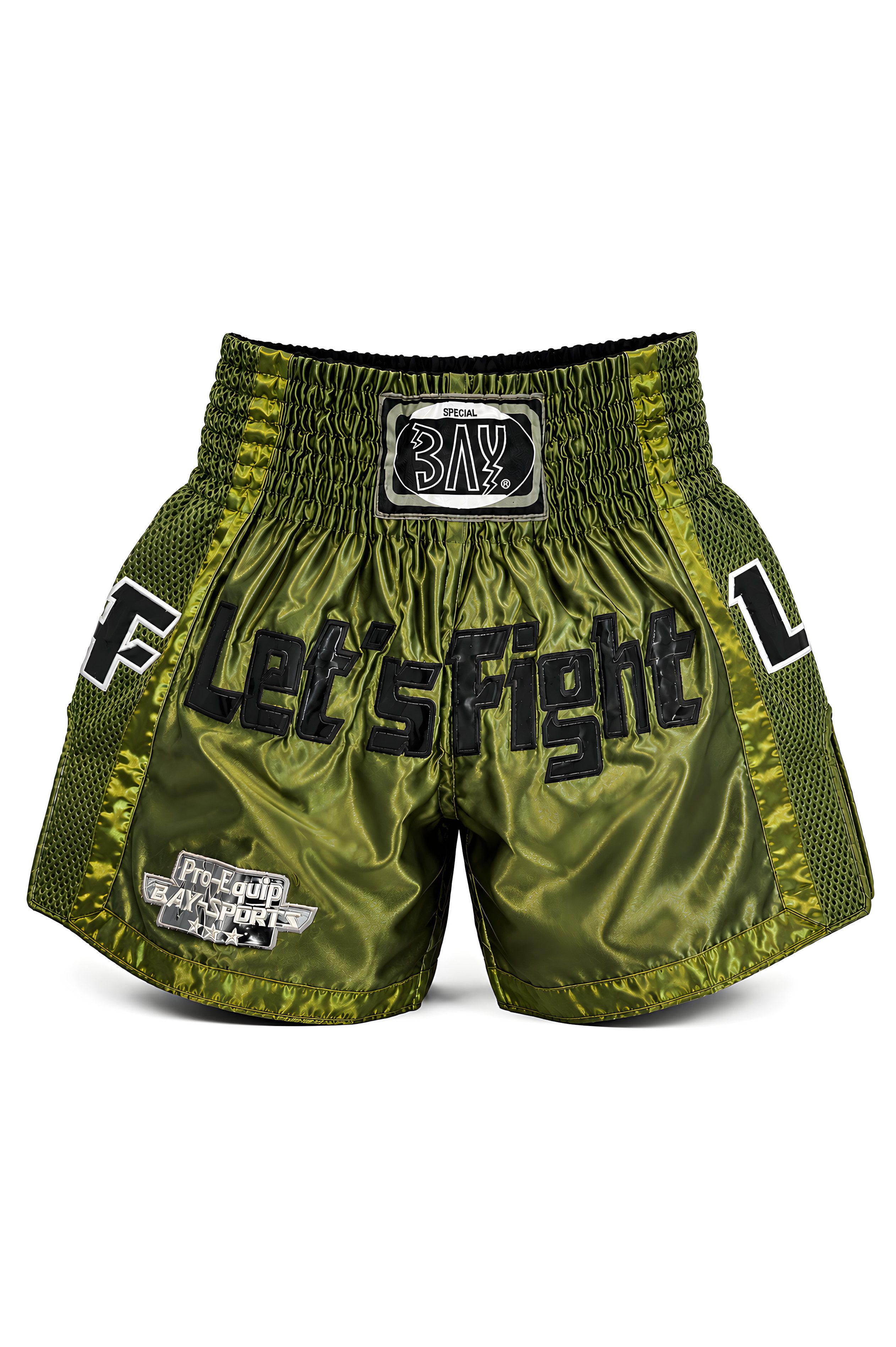 BAY-Sports Sporthose Let´s Fight olive Thaiboxhose Muay Thai Shorts Thaiboxen MMA Kickboxen (Stück) Moderne sublimierte Short, Mesh Einsätzen, attraktiven Applikationen