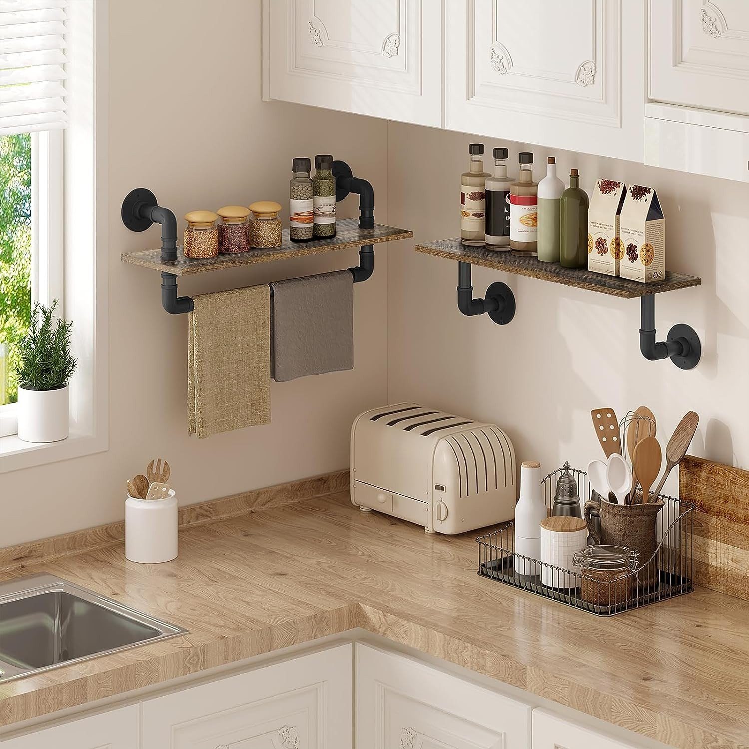 EUGAD Wandregal, Set 2-tlg., Schweberegal mit Handtuchhalter Vintage-Holzma günstig online kaufen