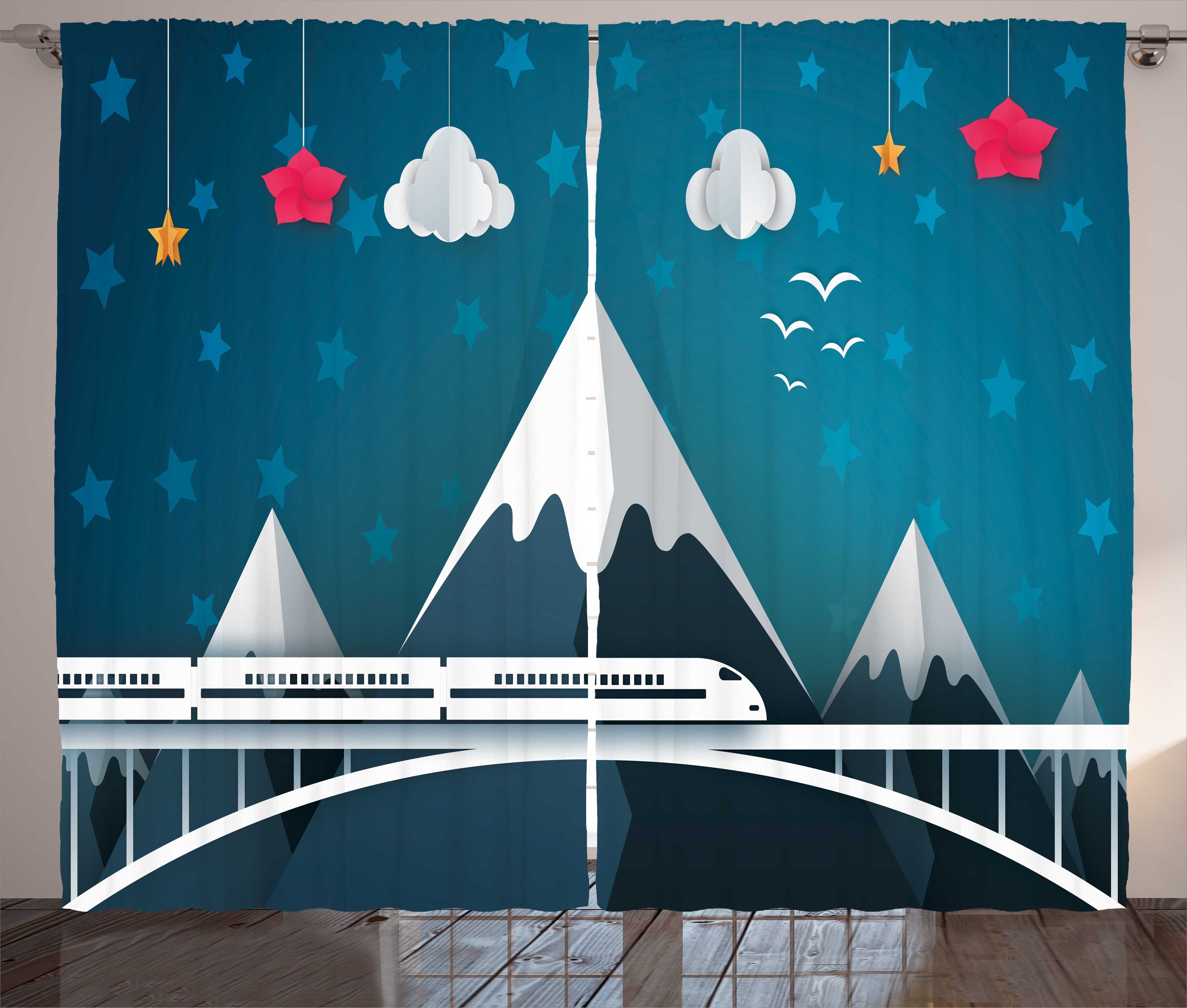 Kräuselband Schlafzimmer Haken, Abakuhaus, Schlaufen Gardine mit Eisenbahn und Berge Cartoon-Stil Vorhang