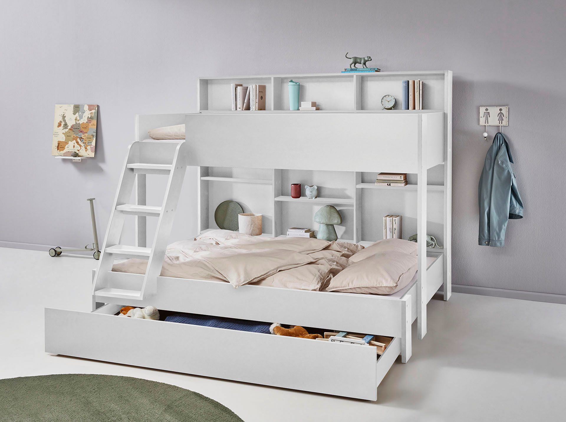 Relita Etagenbett viel Stauraum, pflegeleichte Melamin Oberfläche, 3 Farben zur Wahl (viele Regalfächer an der Bettrückseite, inkl. Schublade auf Rollen), viel Stauraum, pflegeleichte Melamin Oberfläche, 3 Farben zur Wahl