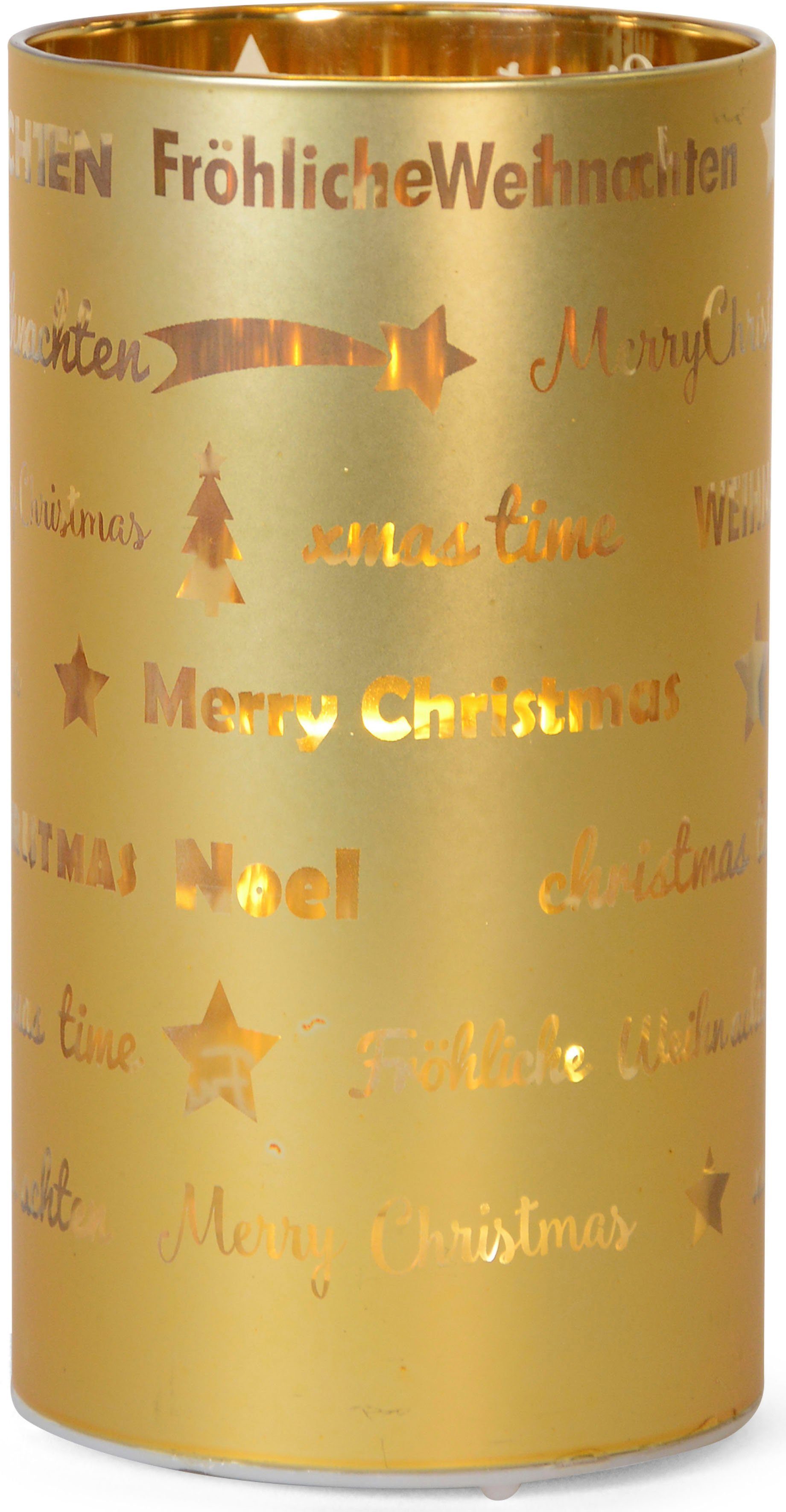Werbung RIFFELMACHER & WEINBERGER altgoldfarben Windlicht Fröhliche fest Weihnachtsdeko integriert, Weihnachten, LED Warmweiß, LED