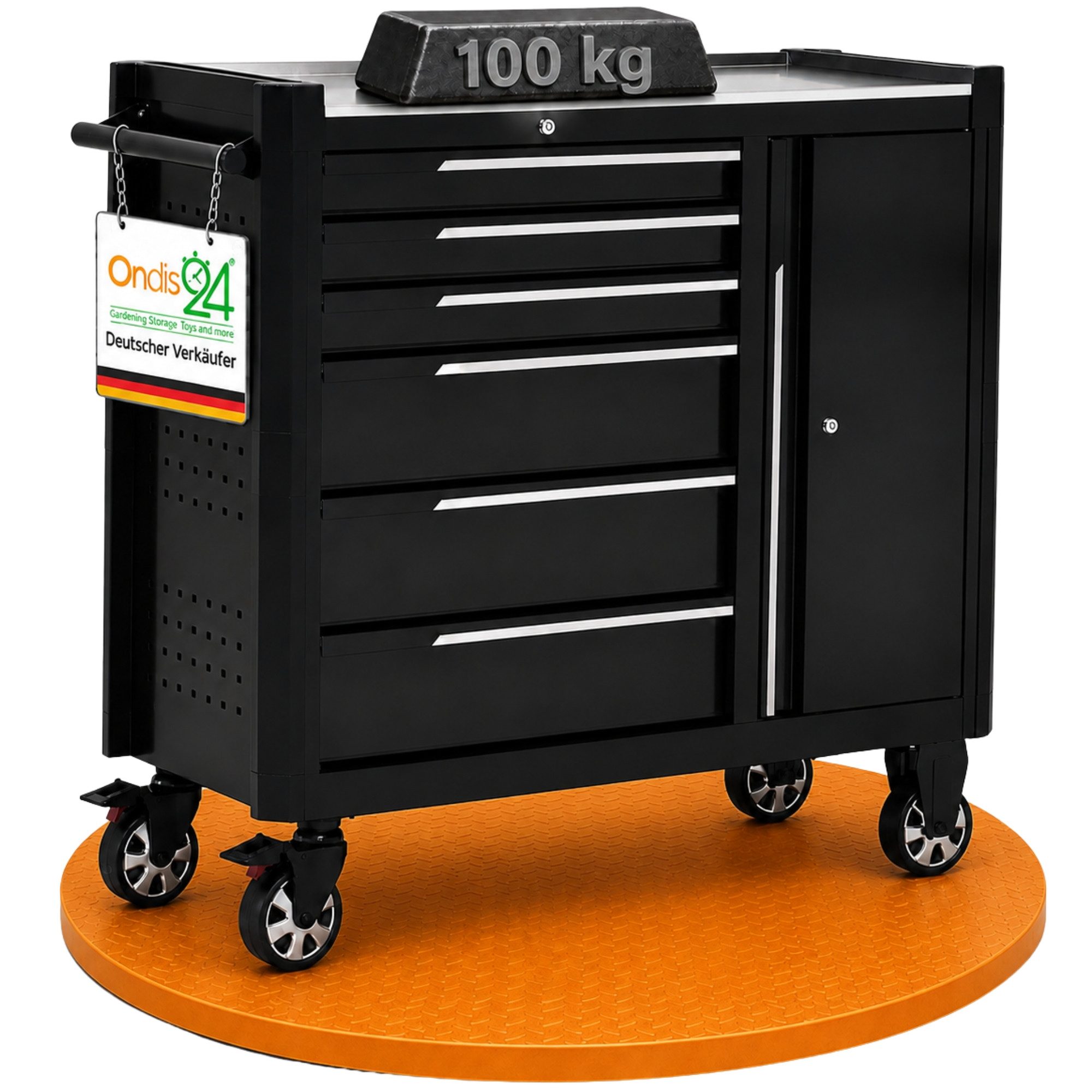 ONDIS24 Werkstattwagen Konrad 115 cm schwarz mit Seitenschrank 6 Schubladen
