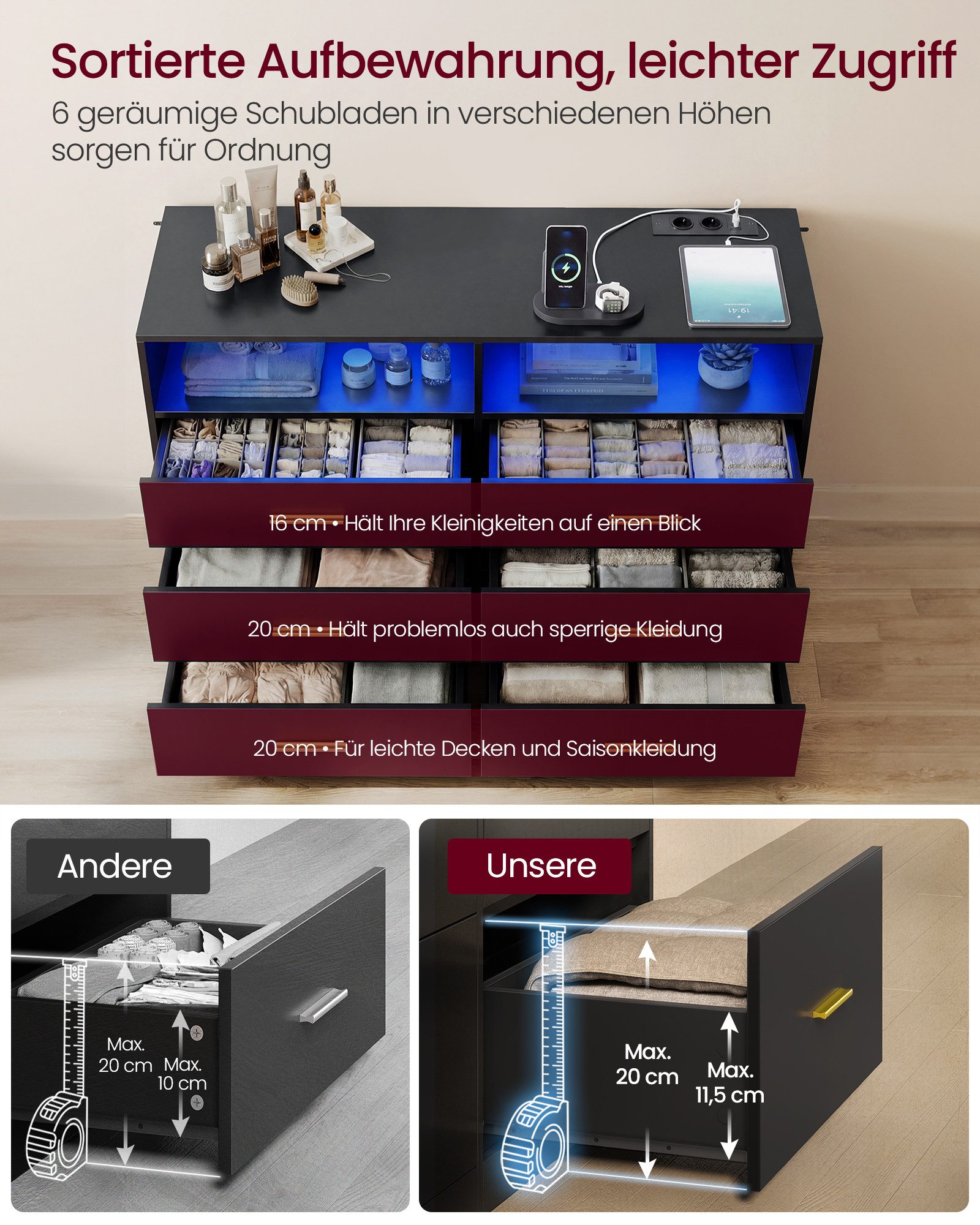 VASAGLE Kommode Kommodenschrank mit LED-Beleuchtung und Steckdosenleiste, 6 Schubladen, 40 x 119 x 81,2 cm, Wohnzimmer, Schlafzimmer, modern – Bild 2 von 5