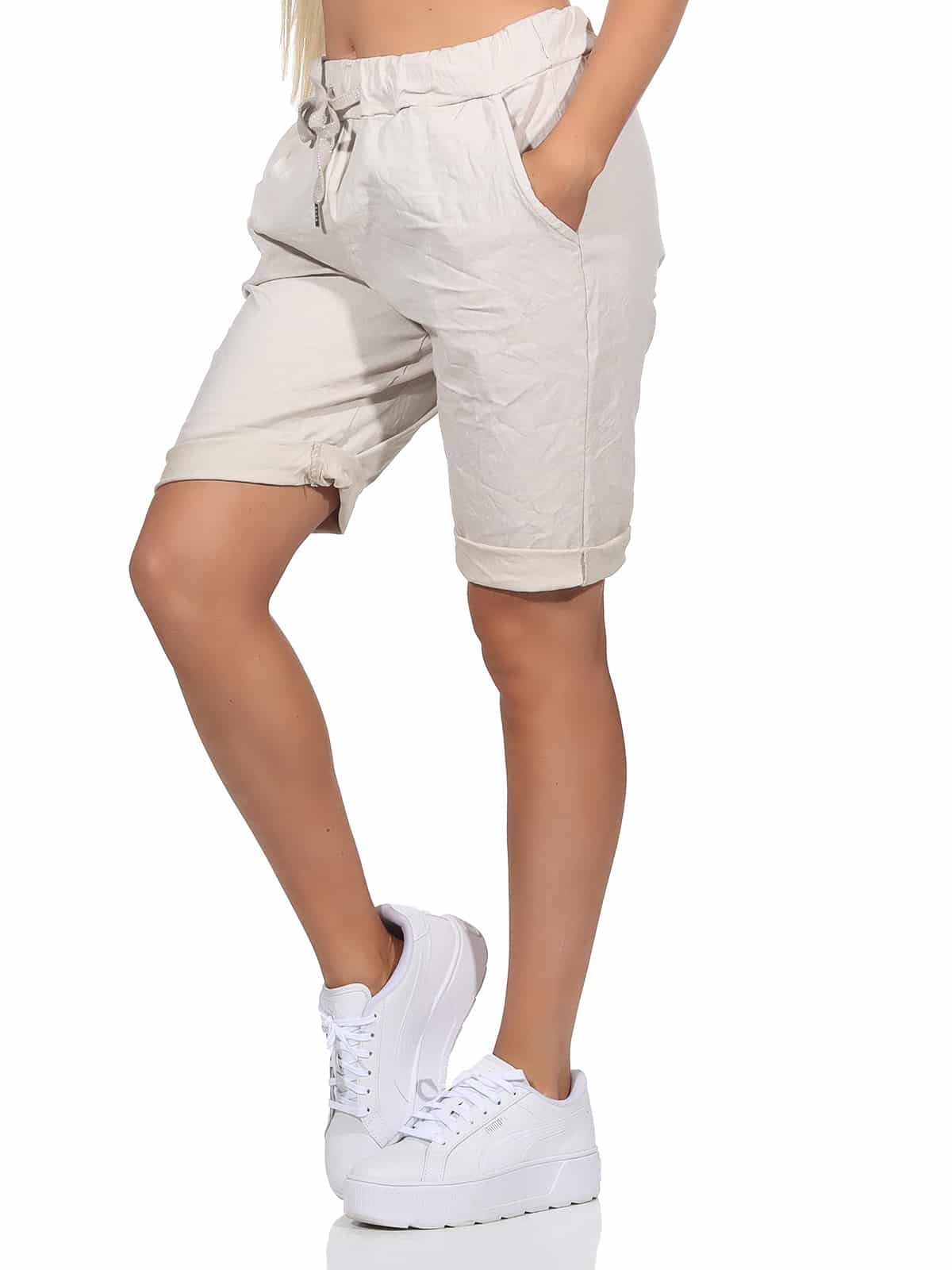 OriginalYou Chinoshorts Damenhose Kurze Damen Sommerhose Chino Shorts Schlupf Bermuda Stretchgewebe in modernem Knitterlook, elastischer Bund mit Kordelzug