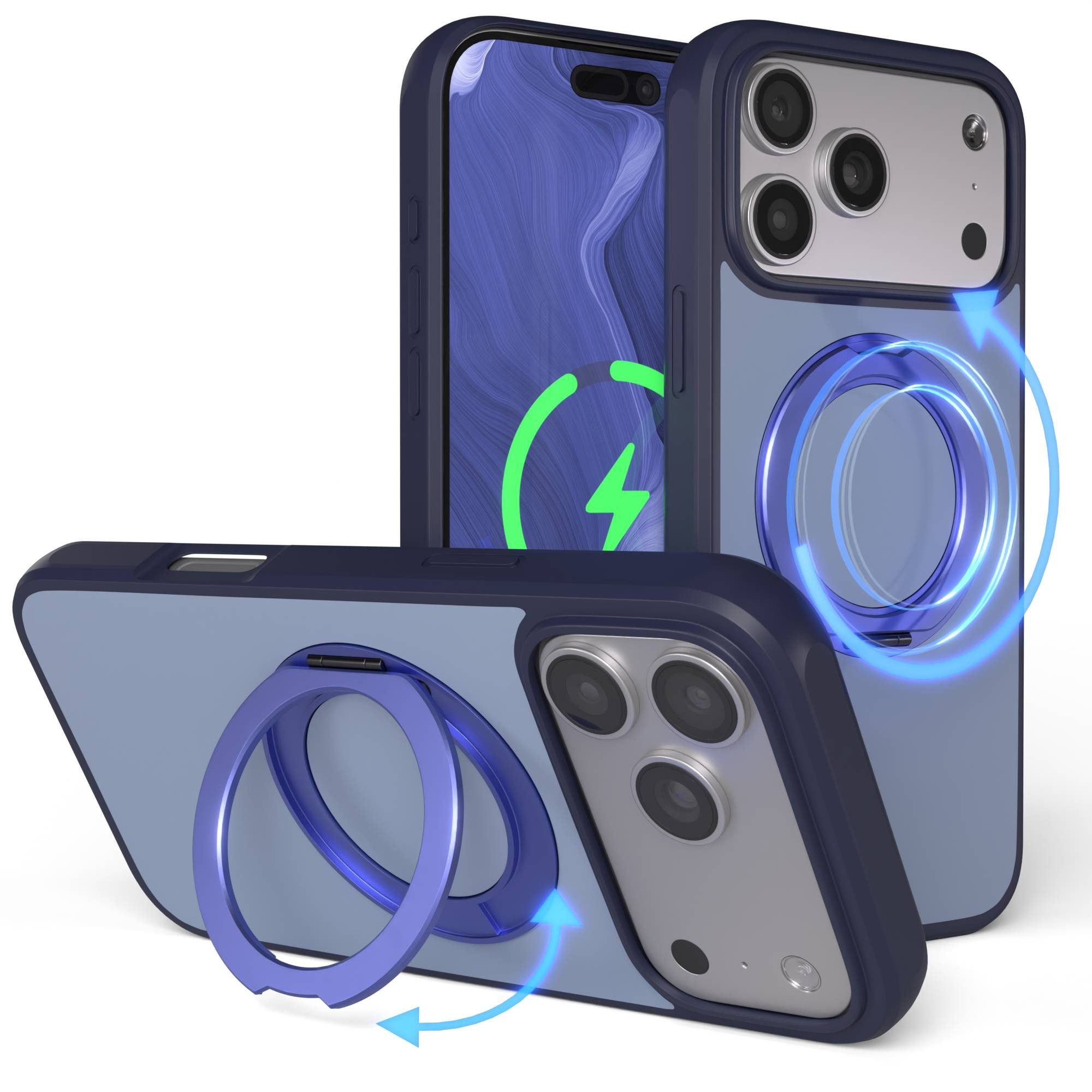 EAZY CASE Handyhülle Outdoor Apple iPhone 17 Pro Max Case MagSafe Rotation Ring 6,9 Zoll, Outdoor Handy Hülle mit Rotation Ring Stoßfest aufstellbar Dunkelblau