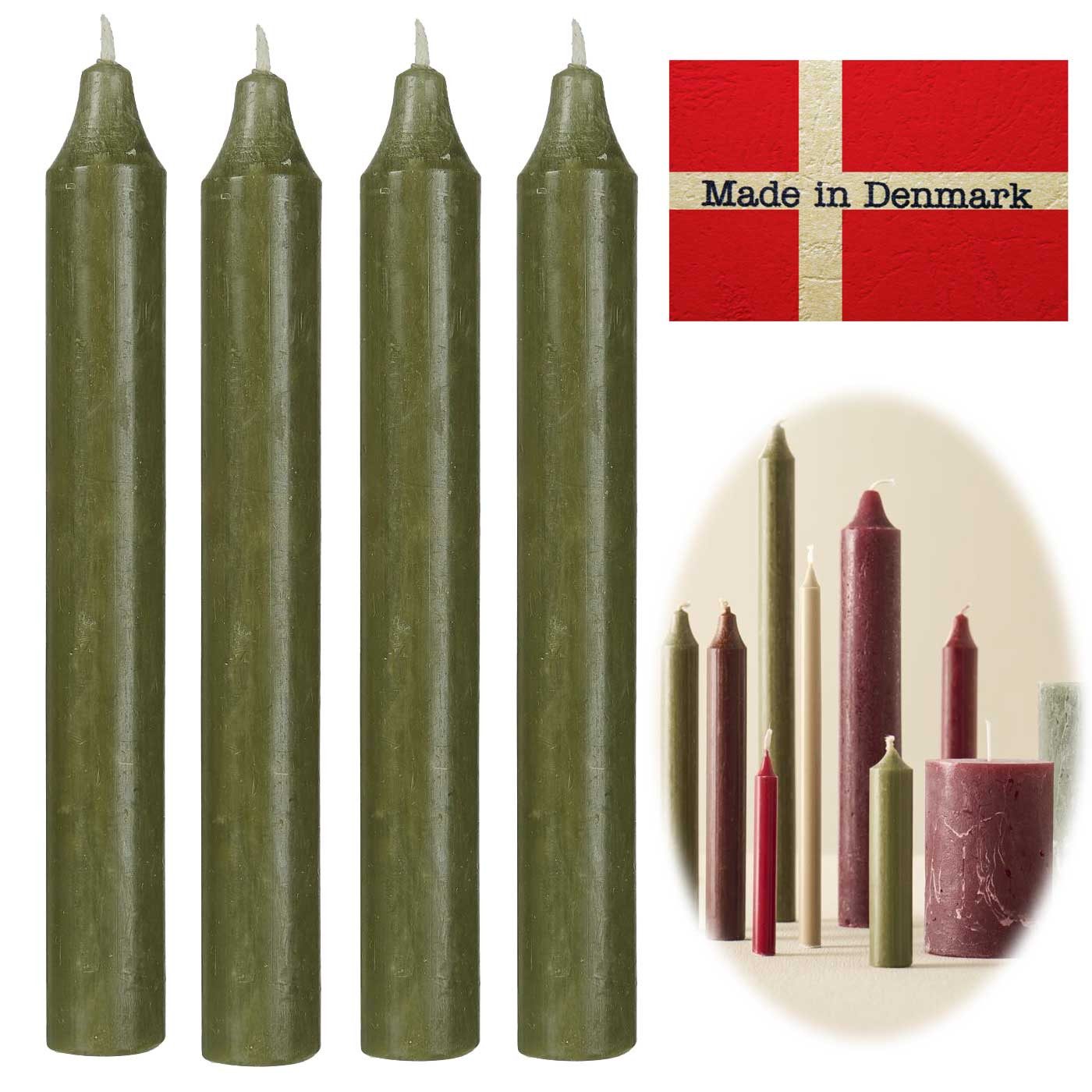 LS-LebenStil Tafelkerze Exklusive Stabkerzen Ribe Rustik 4´er Set Waldgrün 18x2,2cm (Made in Denmark - iB Laursen Denmark - Unparfümiert Spitzkerzen Tafelkerzen, 4-tlg., für Tischdeko Hochzeit Taufe Advent Weihnachten)