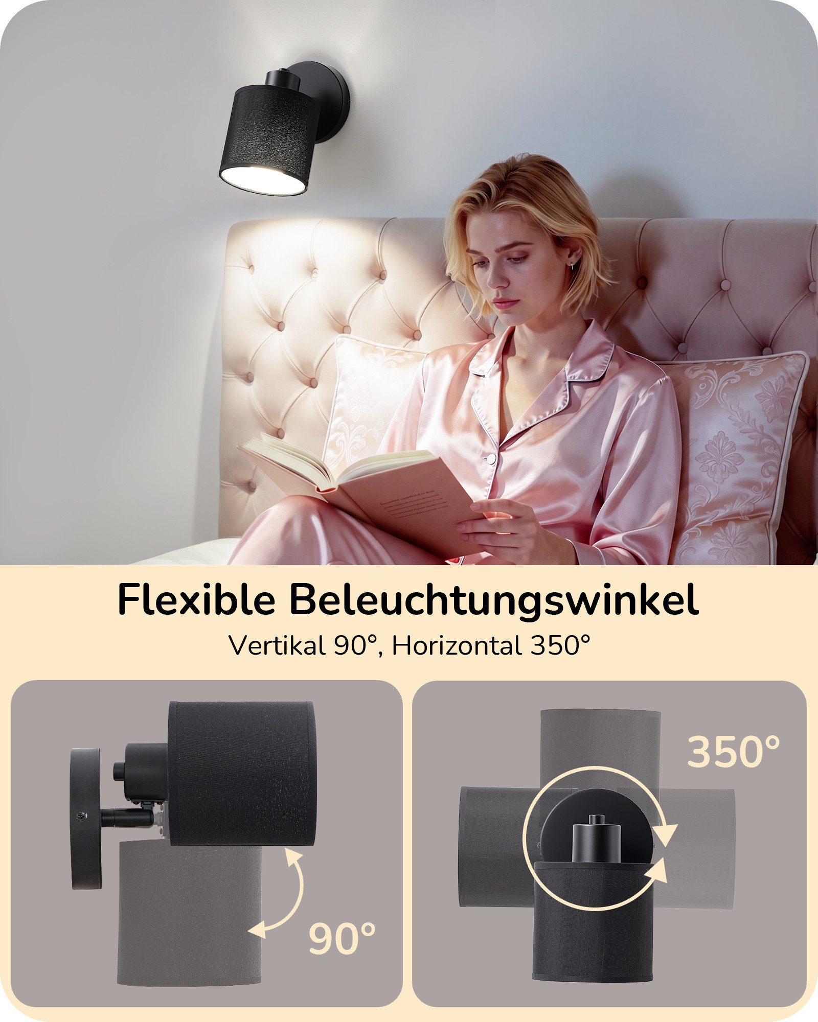 EDISHINE Wandleuchte 2er Set moderner Innen-Wandleuchten, LED wechselbar, 3000K-6500K, Stufenlos dimmbar, 3 Lichtfarben, inkl. Glühbirnen und Fernbedienung