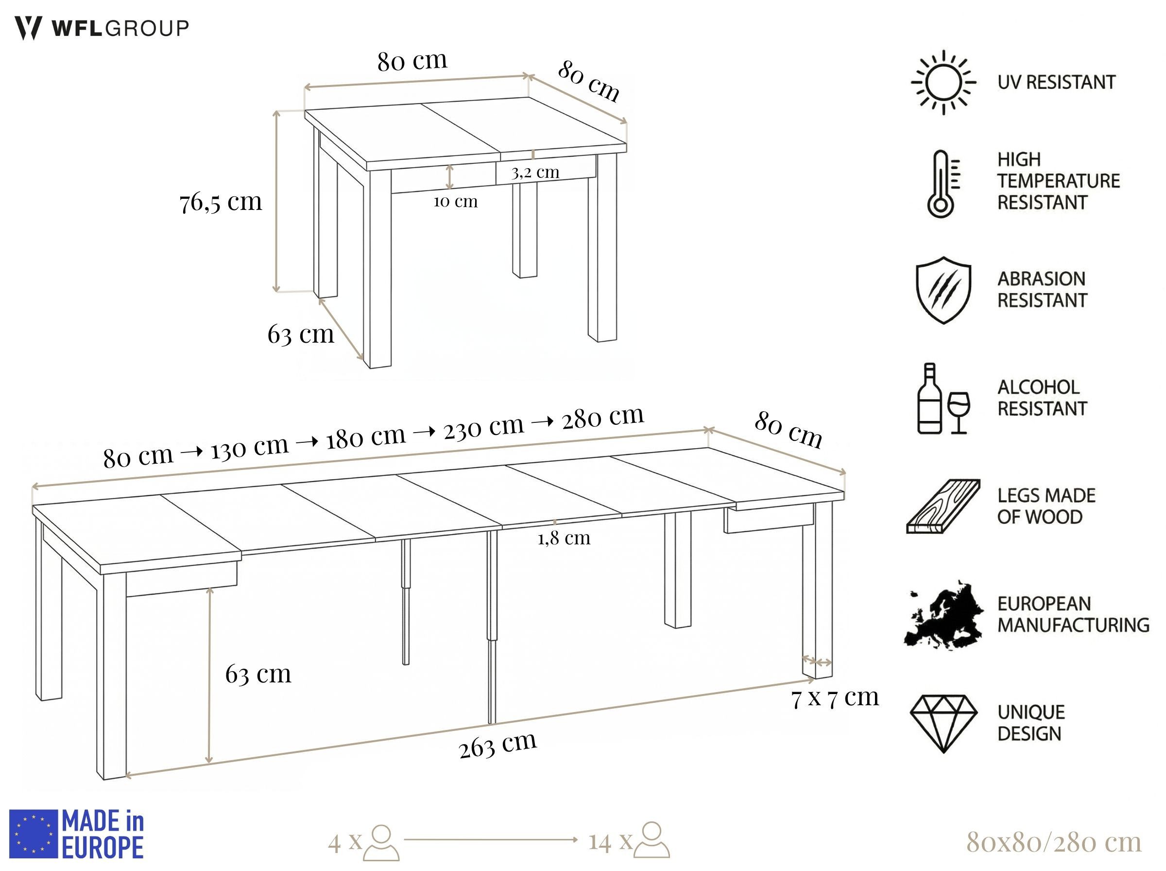 WFL GROUP Esstisch Toren ausziehbar verlängerbar quadratisch mit weißen Holzbeinen (MADE IN EU, XXL Groß– 80/90/100 cm ausziehbar auf 180/190/200/280/290/300 cm), platzsparender Tisch in Holzoptik für Küche, Esszimmer oder Wohnzimmer