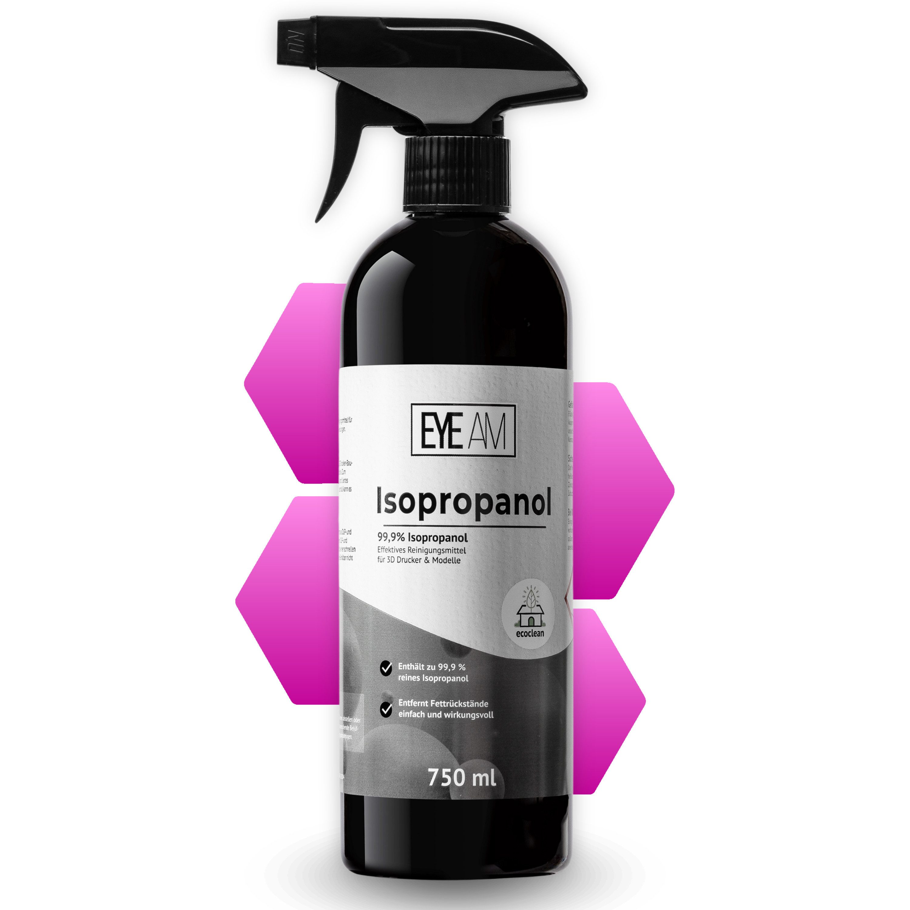 EyeAm Isopropanol IPA 99,9%, Effektives Reinigungsmittel für 3D Drucker, Reinigungsalkohol (Inkl. Sprühaufsatz)