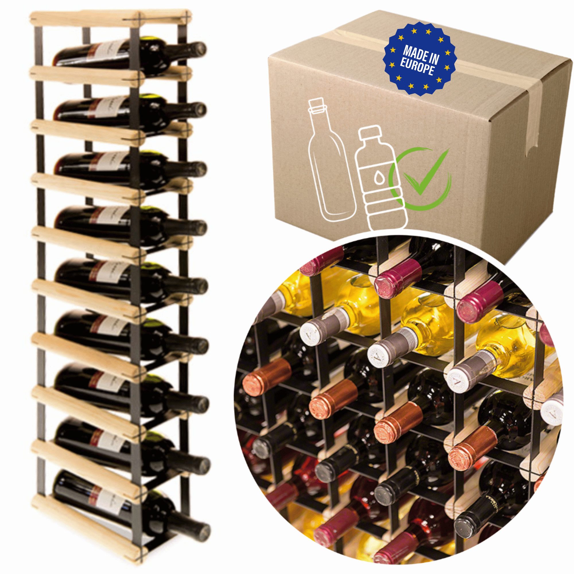 Modo24 Weinregal RW8 Flaschenregal Metall - Holz Flaschenständer 1 bis 81 Flaschen, Weinregal Modular Flaschenregal Weinständer Flaschenständer