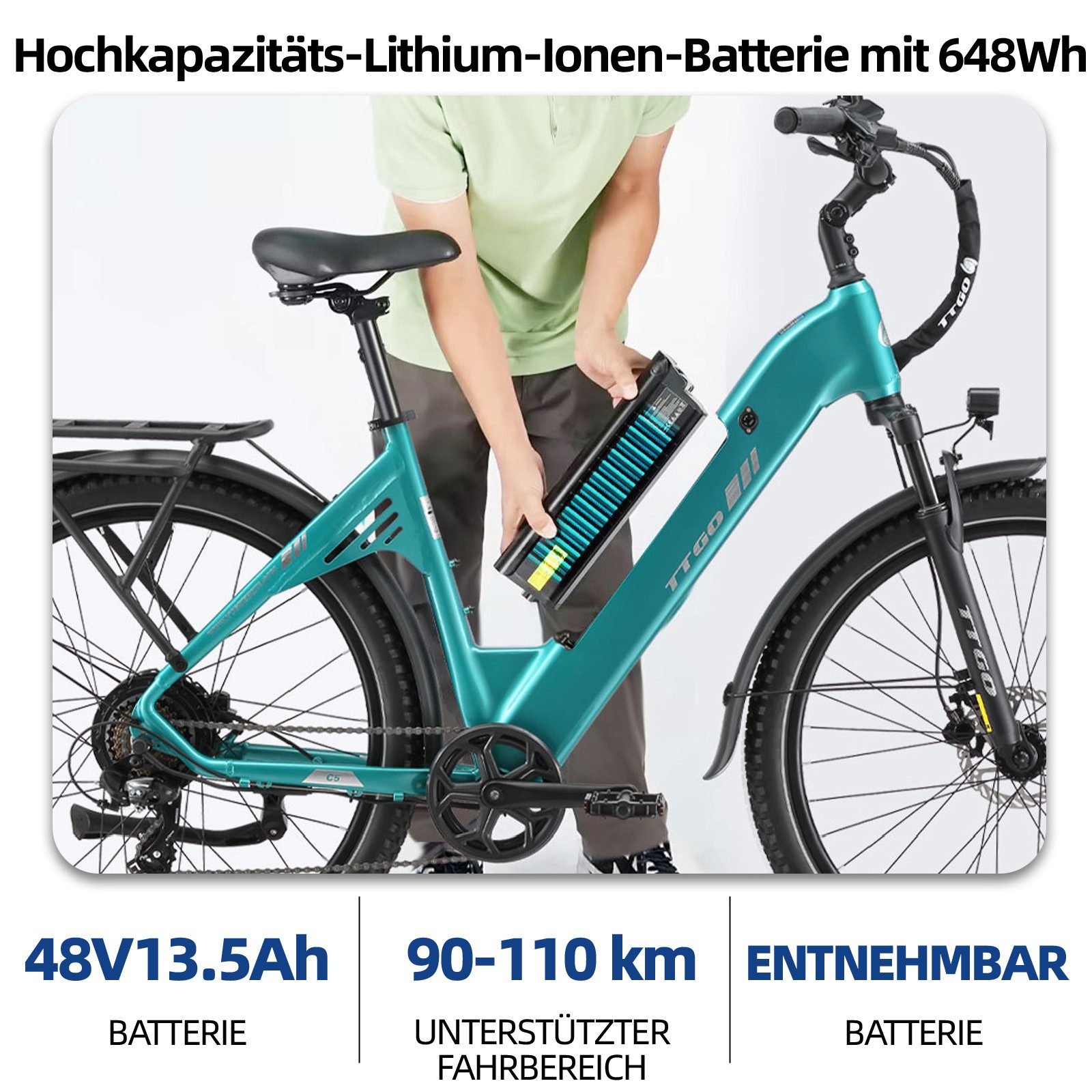 TTGO E-Bike Cityrad 28x2,4 Zoll, 110km, 70 Nm Hinterradmotor, C5, ZOOM Federsattelstütze, 7 Gang Shimano, Kettenschaltung, Heckmotor, 648 Wh, Tiefeinstieg, Pedelec, Elektrofahrrad, für Damen Herren, Hydr. Bremse