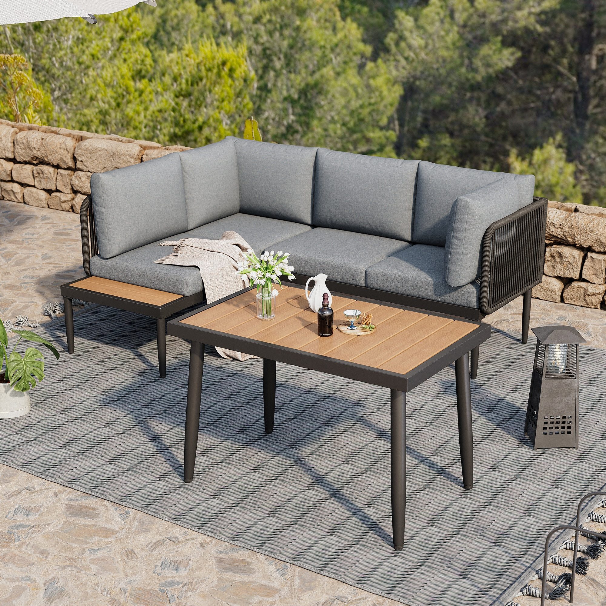 MODFU Gartenlounge-Set Outdoor-Möbelset, (Garten-Lounge-Set, Gartenmöbel-Set, Outdoor-Sofa-Set, Balkonset, 3-tlg., Ecksofa + Esstisch, Ecke), verzinktes Stahlrohr, Tischplatte Kunststoff Holz