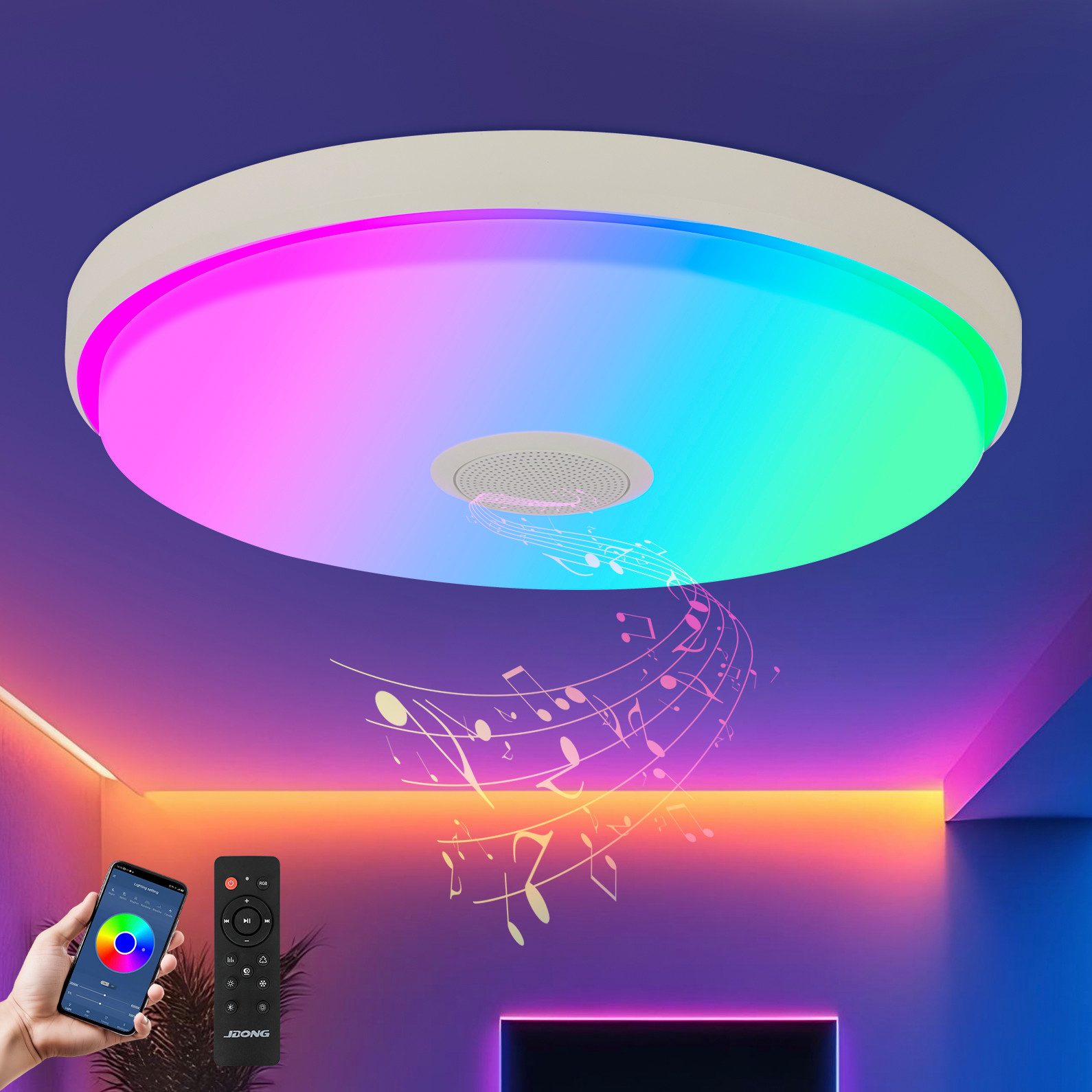 JDONG LED Deckenleuchte Dimmbar mit Bluetooth Lautsprecher, LED Deckenlampe mit Fernbedienung oder APP-Steuerung, 3000-6500K RGBW Farbwechsel, Musikwiedergabe für Schlafzimmer Badezimmer Wohnzimmer