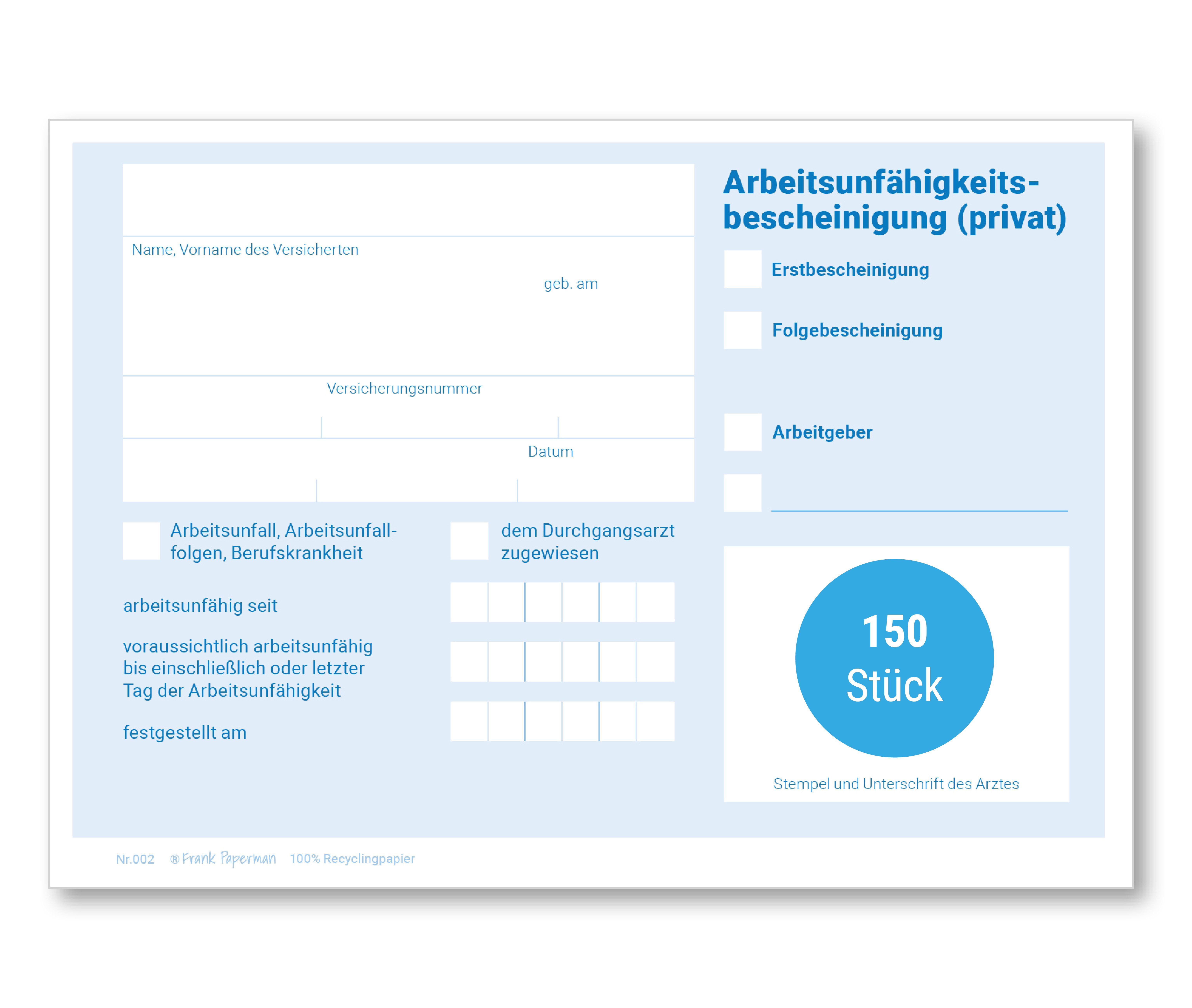 Formularblock Attest für Krankschreibung, Vordruck Arbeitsunfähigkeitsbescheinigung