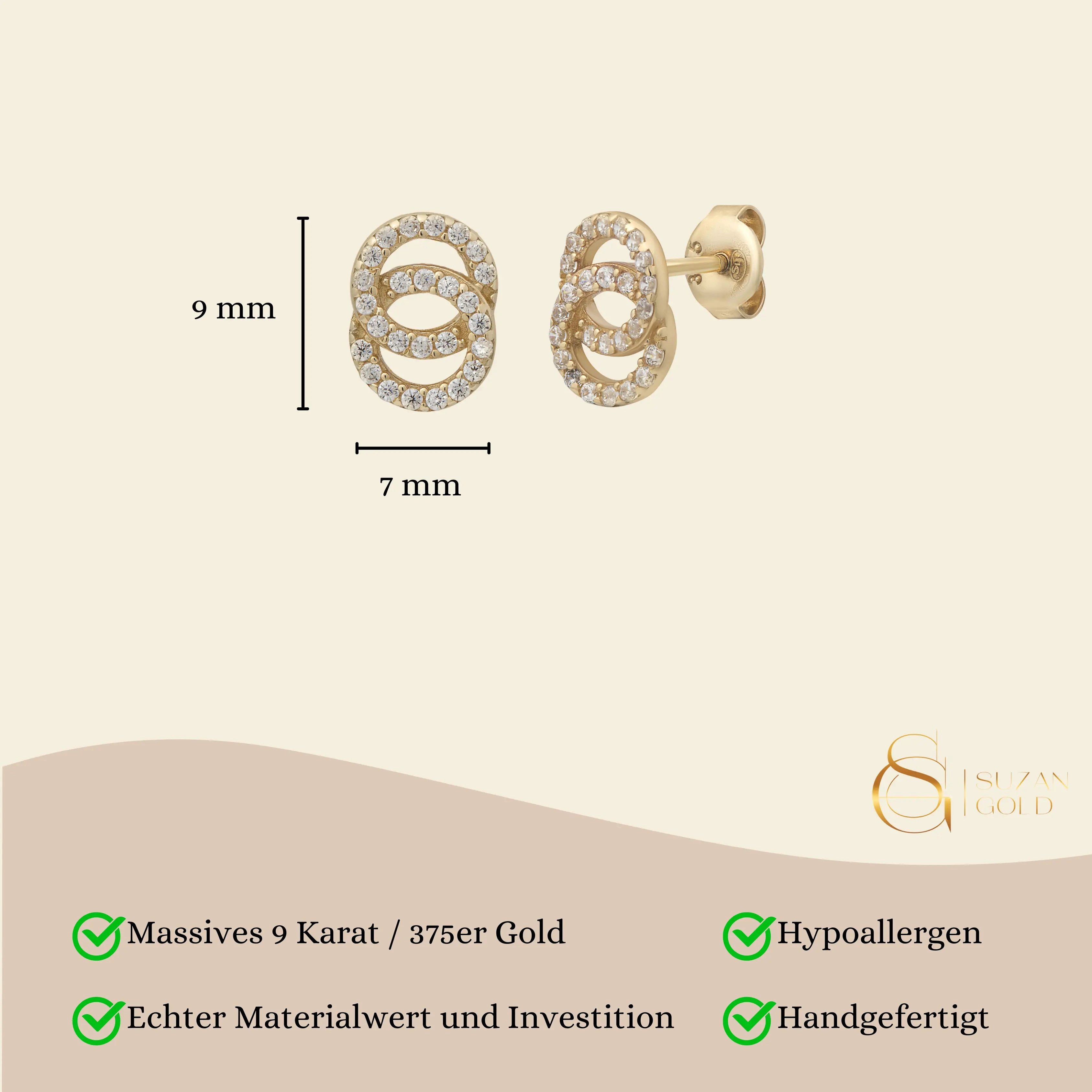 Suzan Gold Paar Ohrstecker Infinity-Ohrringe Damen Echtgold Ohrstecker aus 375 Gelbgold, Gelbgold 375, Zirkonia-Steine